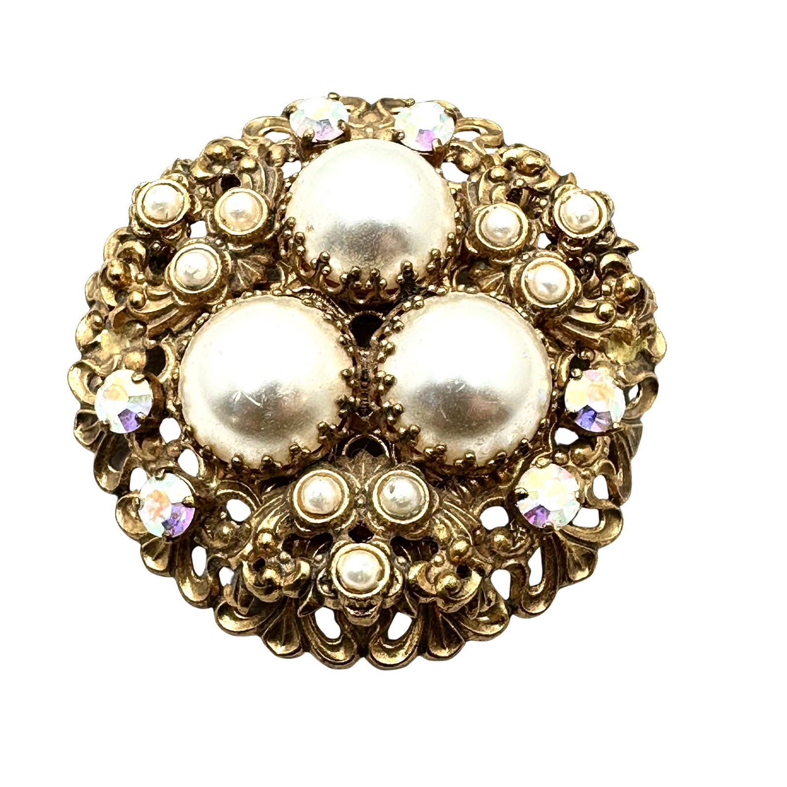 Vintage West Germany Faux Pearl Rhinestone Gold Tone Filigree Brooch Pin 2 Inch: Vintage West Germany Faux Pearl Rhinestone Gold Tone Filigree Brooch Pin 2 Inch