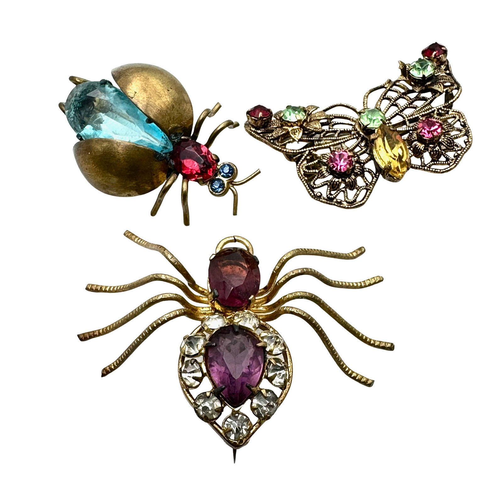 Vintage Group of Czech Glass Gold Tone Bug Pins Spider Butterfly Beetle: Vintage Group of Czech Glass Gold Tone Bug Pins Spider Butterfly Beetle
