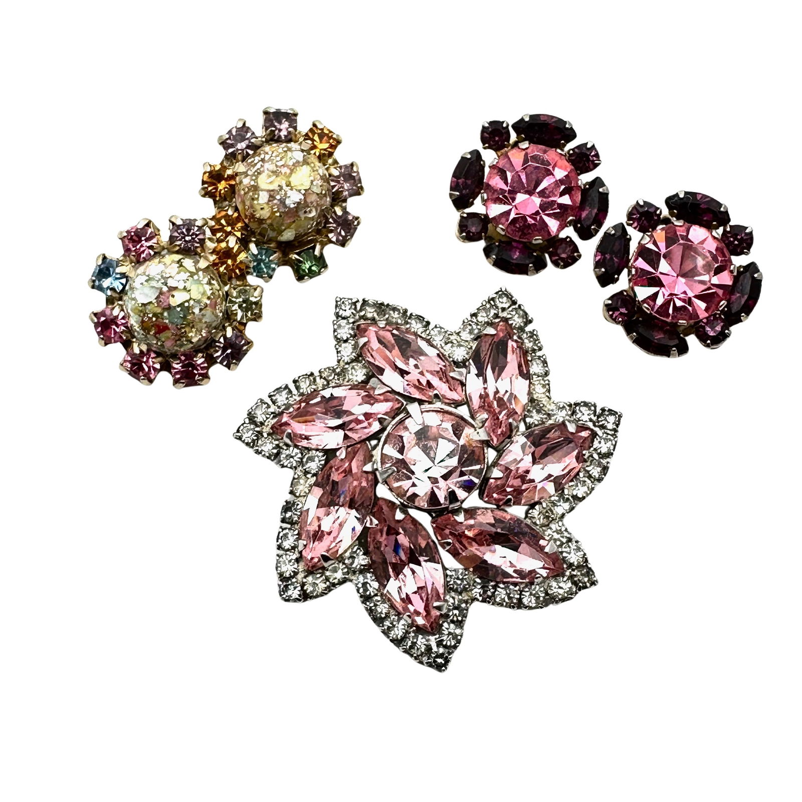 Vintage Pink Rhinestone Weiss Brooch Pin and Pink Clip Earrings (1 of 2)