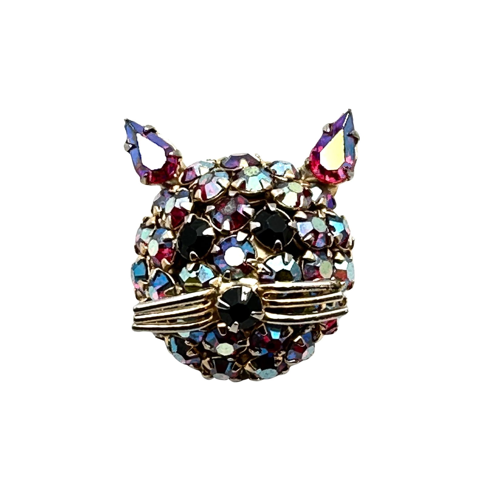 Vintage Warner Red Aurora Borealis Glass Rhinestone Cat Brooch Pin 1.25 Inch (1 of 2)