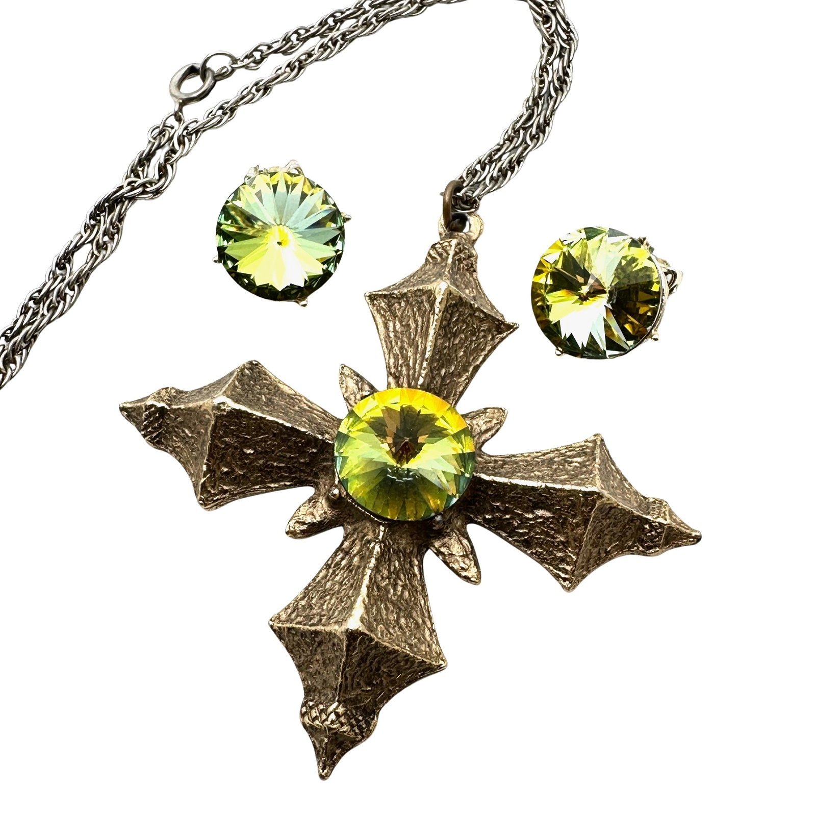 Vintage Rivoli Glass Rhinestone Antiqued Gold Tone Maltese Cross Pendant Necklace & Clip Earrings: Vintage Rivoli Glass Rhinestone Antiqued Gold Tone Maltese Cross Pendant Necklace & Clip Earrings