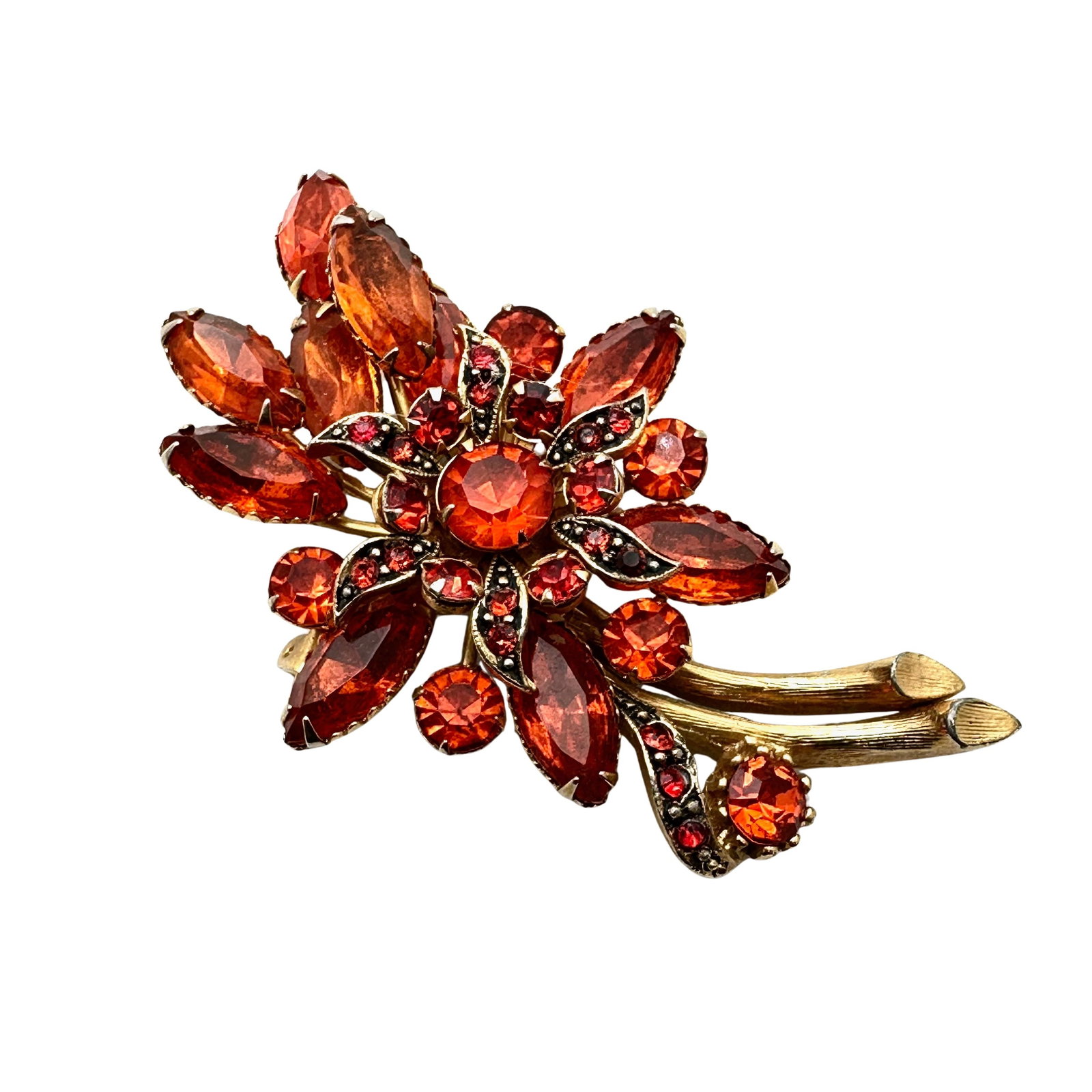 Vintage Orange Glass Rhinestone Gold Tone Flower Brooch Pin 3 Inch: Vintage Orange Glass Rhinestone Gold Tone Flower Brooch Pin 3 Inch
