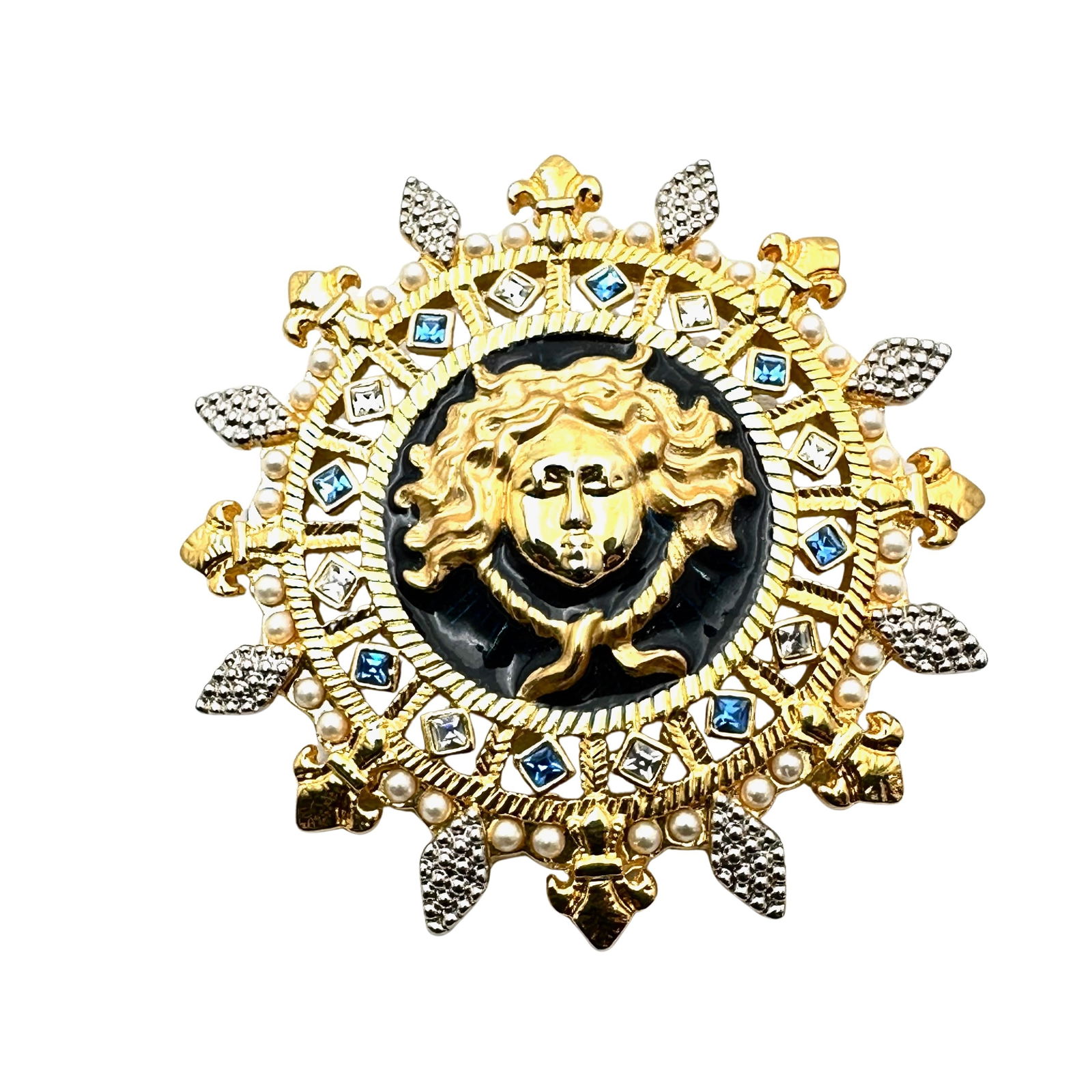 Vintage Madusa Blue Clear Rhinestone Enamel Brooch Pin Pendant 2 Inch (1 of 2)