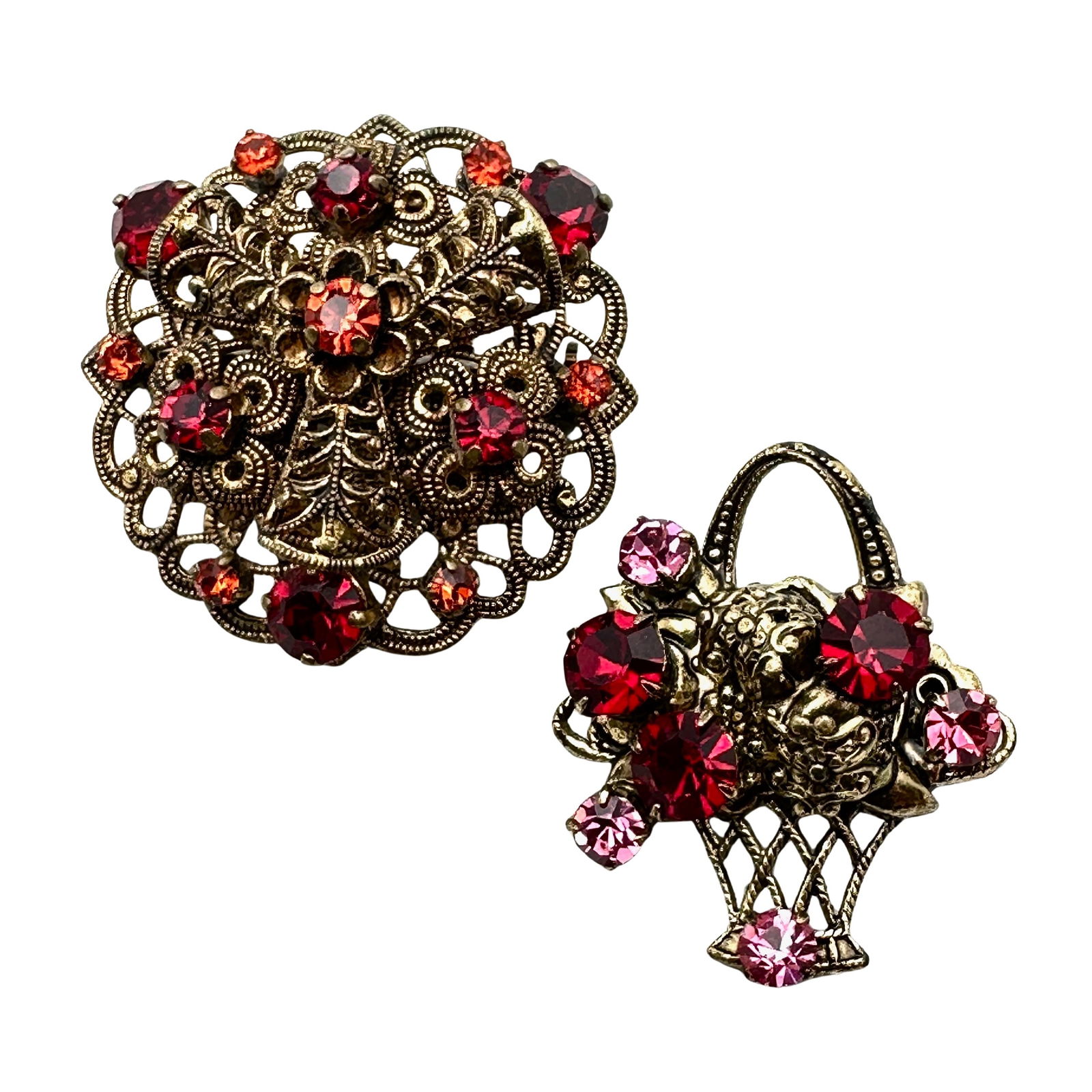 Vintage Lot of Two Czech Rhinestone Brooches Pins Gold Tone Filigree Flower Basket (1 of 2)