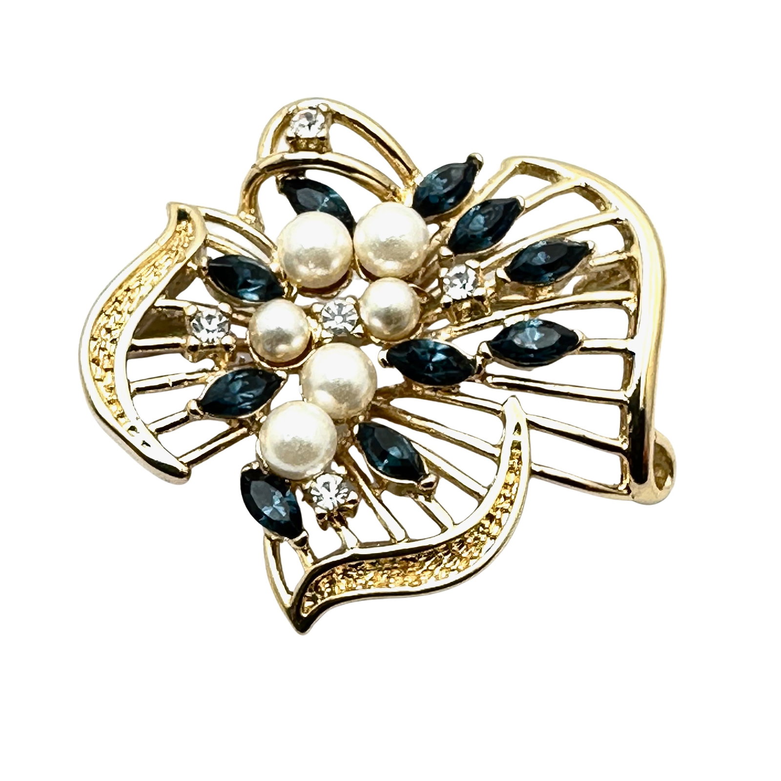 Vintage French Rhinestone Pearl Gold Tone Brooch Pin 1.75 Inch Trombone Clasp: Vintage French Rhinestone Pearl Gold Tone Brooch Pin 1.75 Inch Trombone Clasp