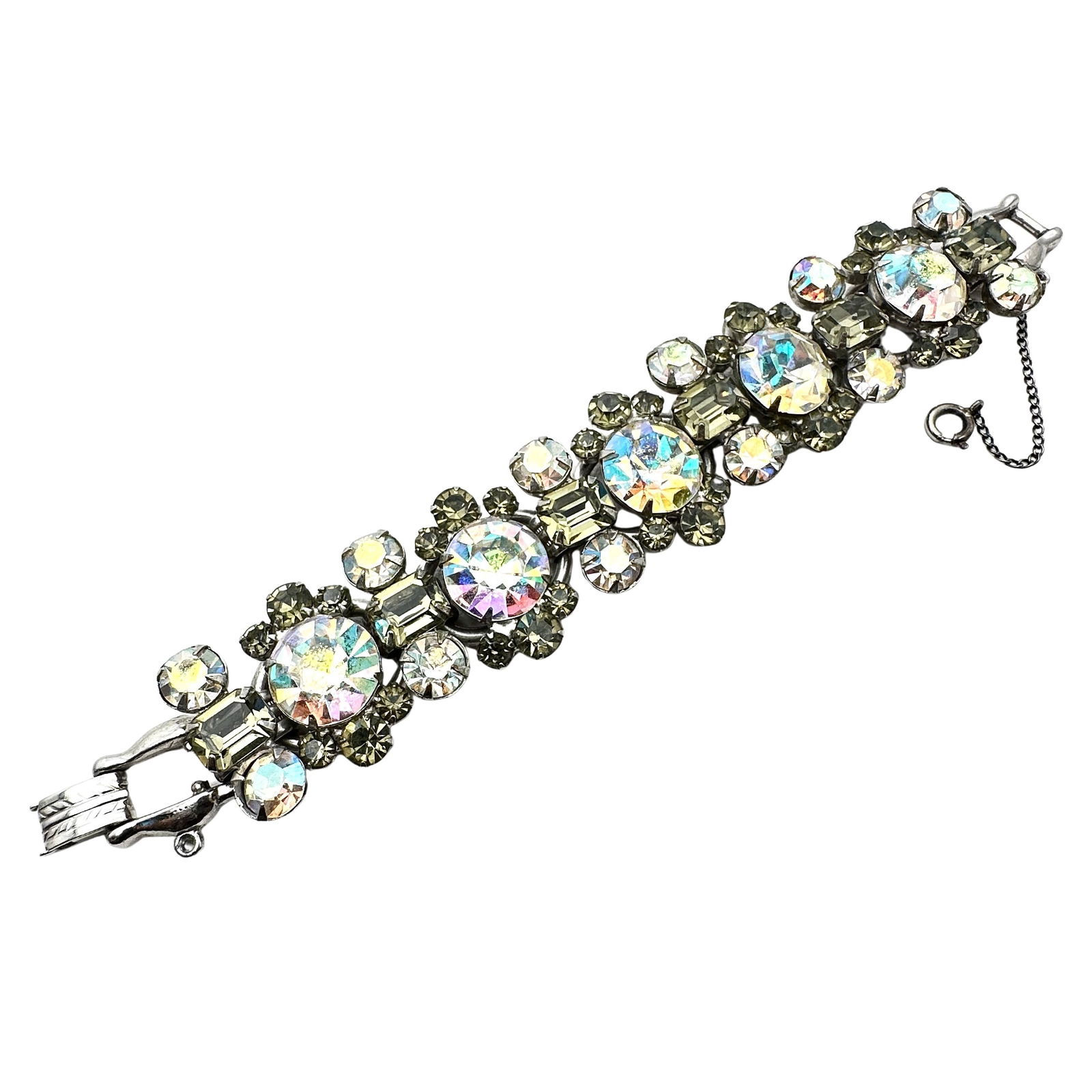 Vintage Juliana Grey Aurora Borealis Glass Rhinestone Silver Tone Five Link Bracelet 7 Inch (1 of 3)