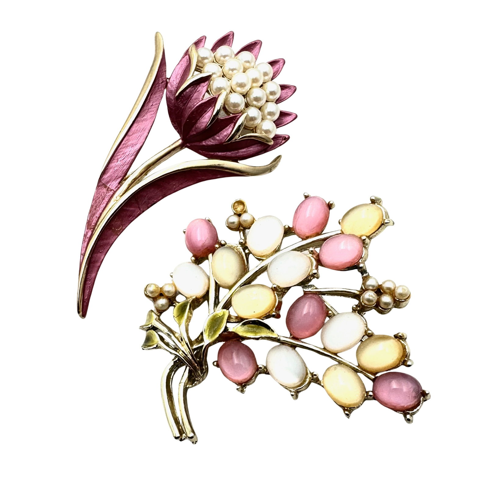 Vintage Lot of Two Pink Enamel Faux Pearl Gold Tone Brooches Pins: Vintage Lot of Two Pink Enamel Faux Pearl Gold Tone Brooches Pins