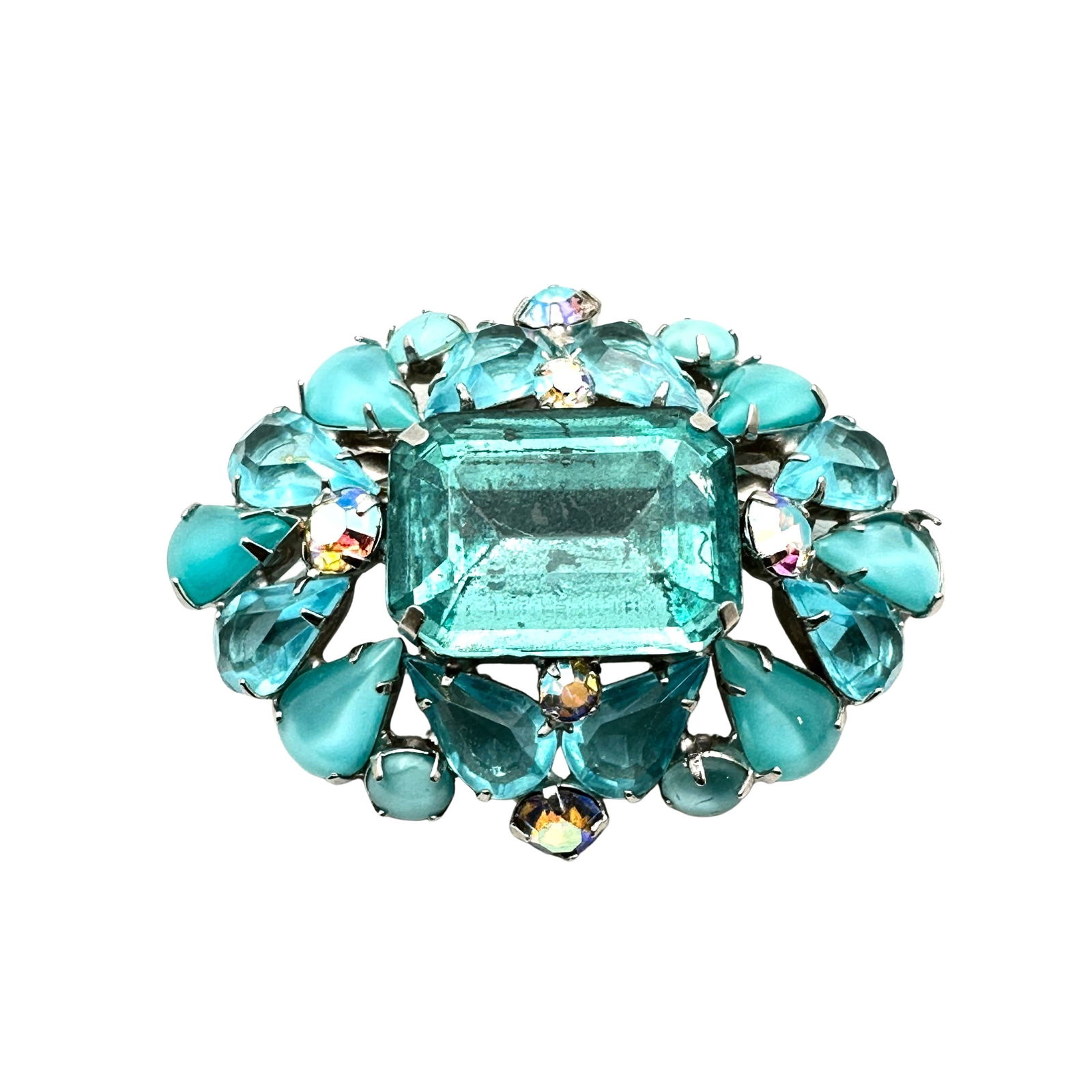 Vintage Aqua Blue Glass Rhinestone Silver Tone Brooch Pin 2.25 Inch (1 of 2)