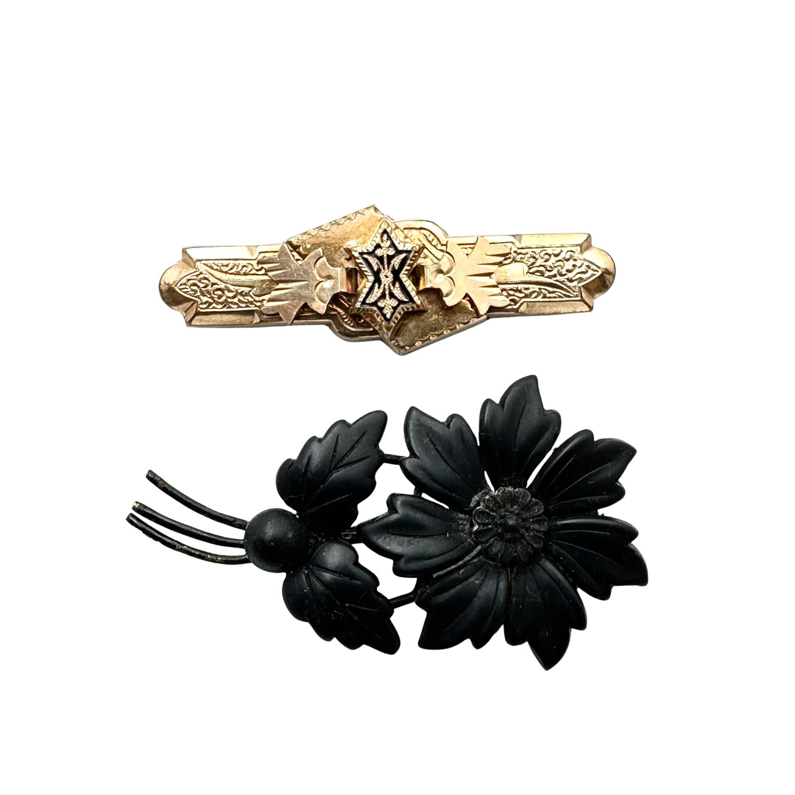 Antique Victorian Lot of Two Brooches Black Mourning Flowers and Gold Filled Bar Pin (1 of 2)