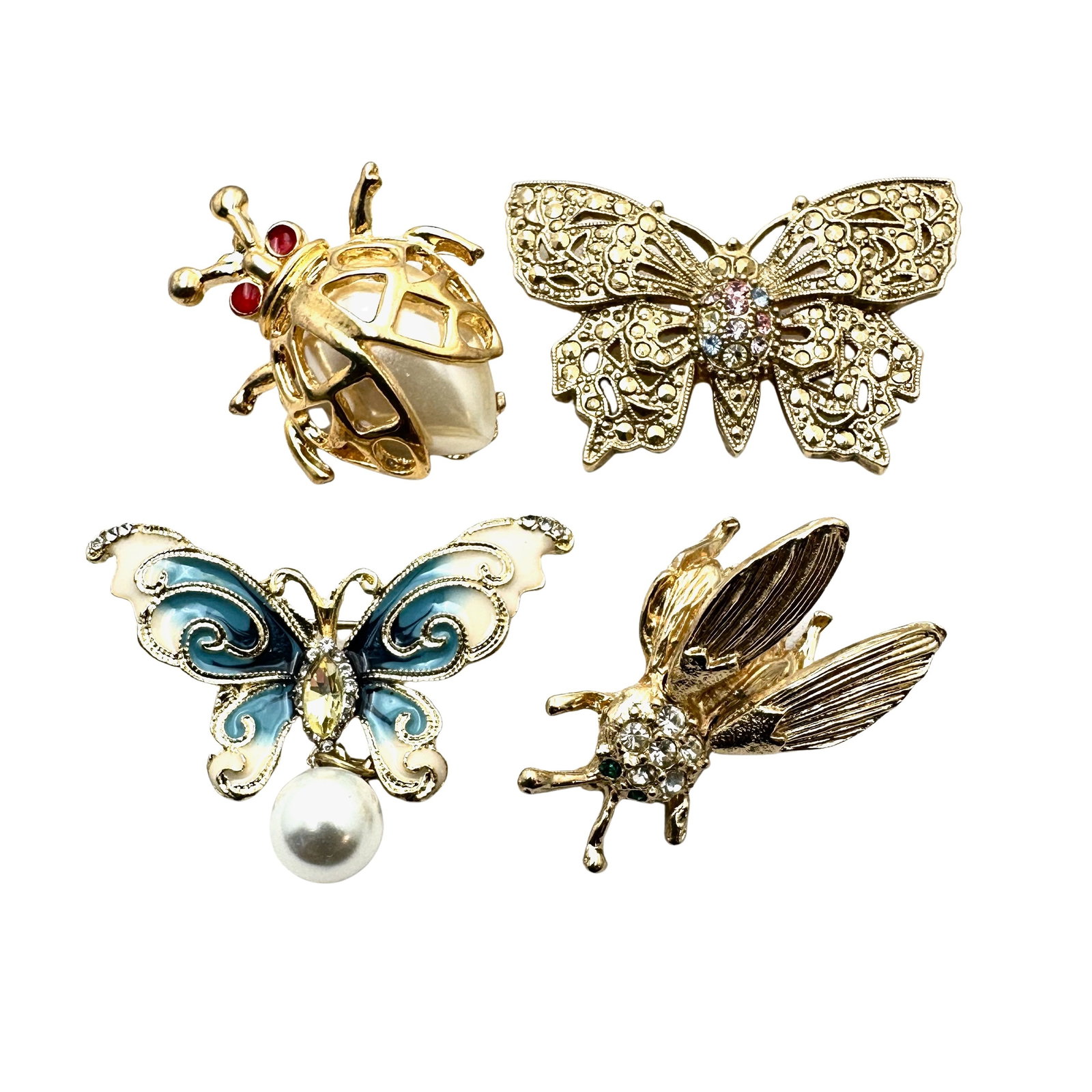 Vintage Lot of Figural Brooches Butterfly Bug and Trembler Gold Tone Rhinestones: Vintage Lot of Figural Brooches Butterfly Bug and Trembler Gold Tone Rhinestones