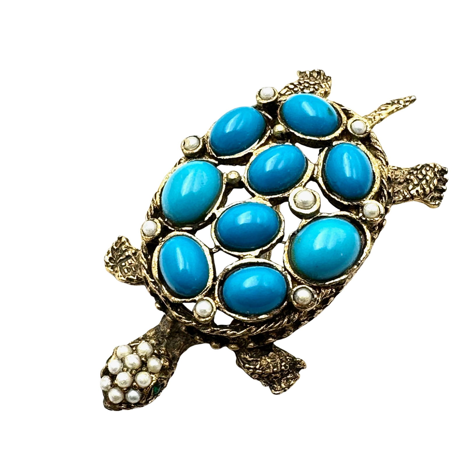 Vintage Faux Turquoise Cabochon Antiqued Gold Tone Turtle Brooch Pin 2.25 Inch (1 of 2)
