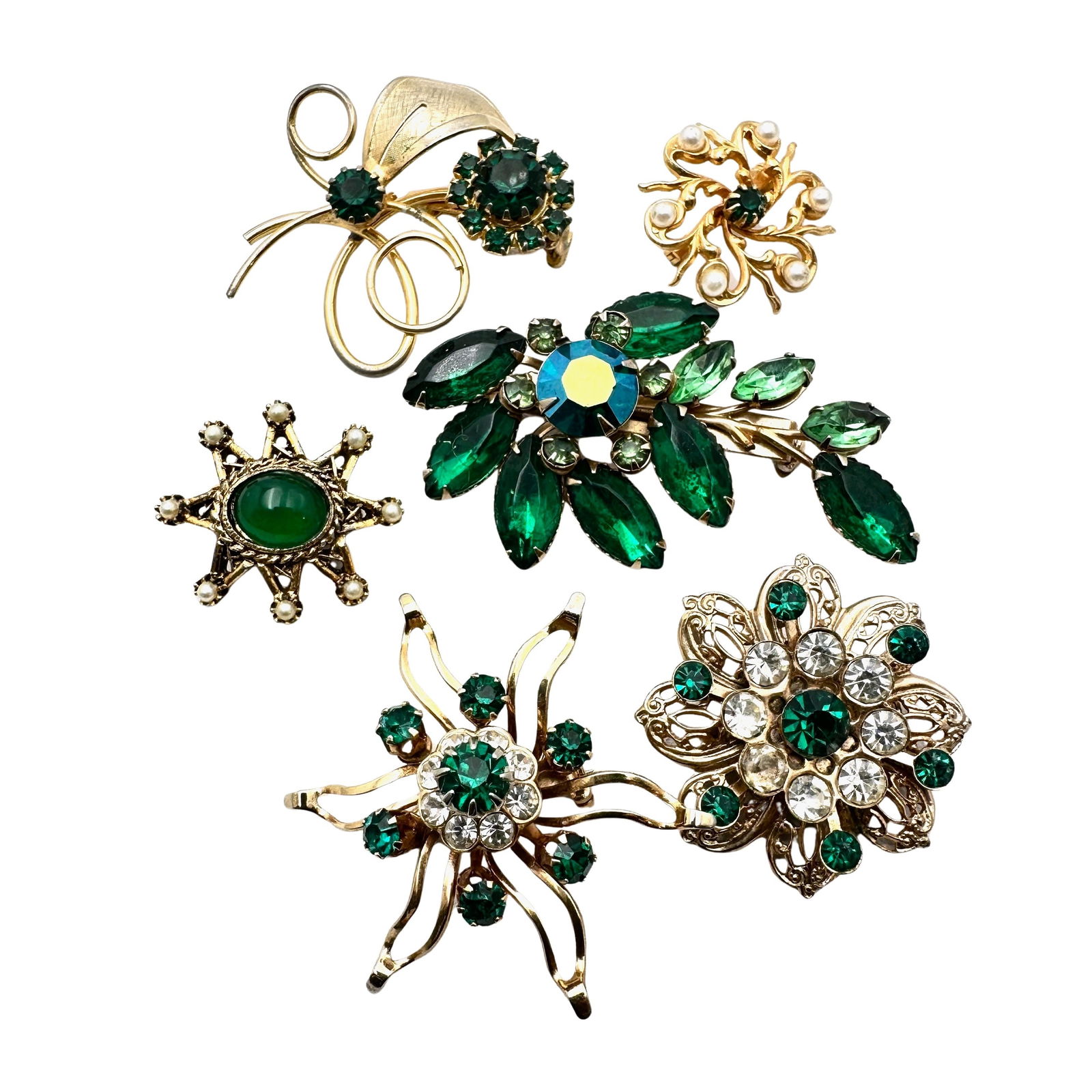 Vintage Jewelry Group Lot of Brooches Green Glass Rhinestones (1 of 2)