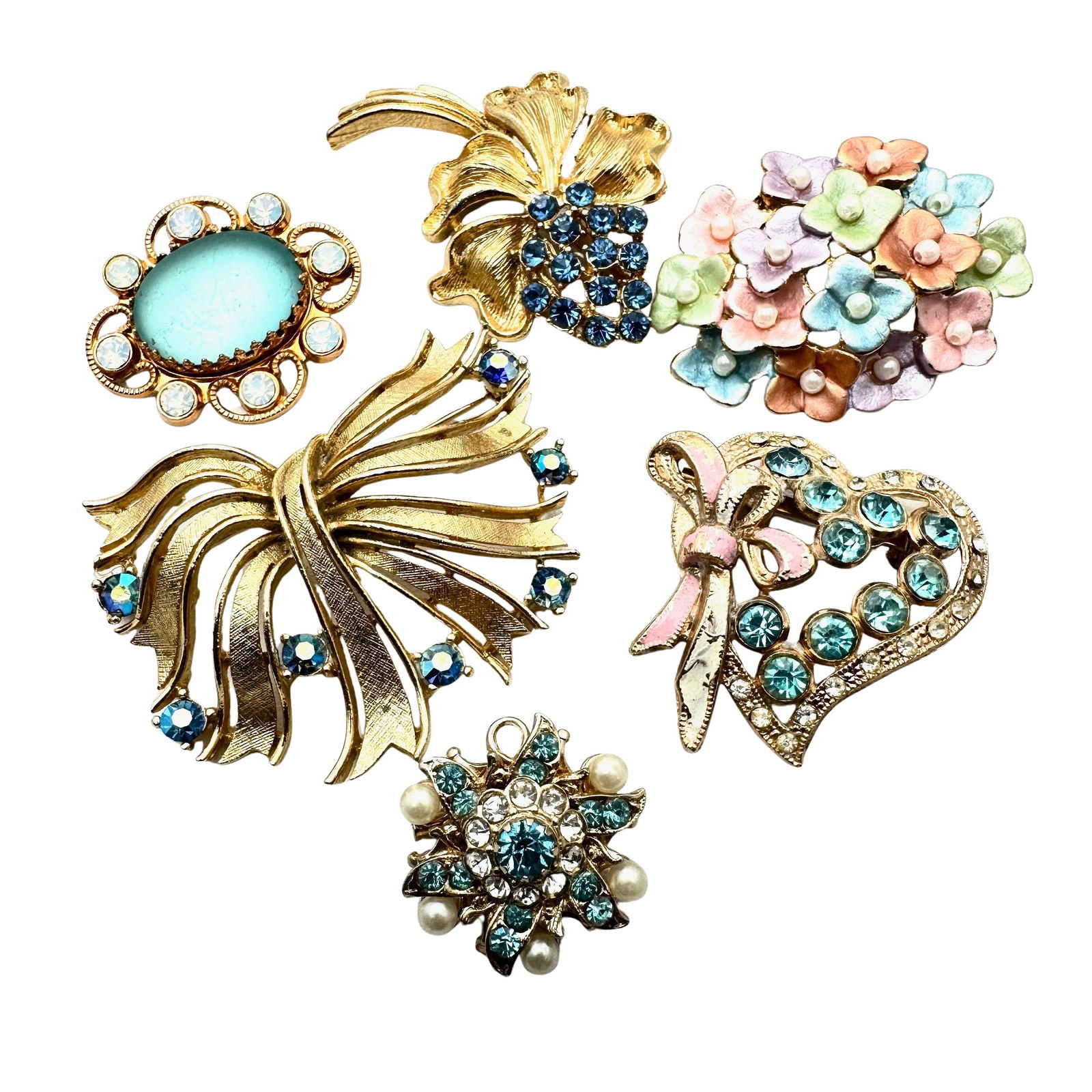 Vintage Jewelry Group Lot Brooches Gold Tone Pick Pastel Enamel Rhinestones and More (1 of 2)
