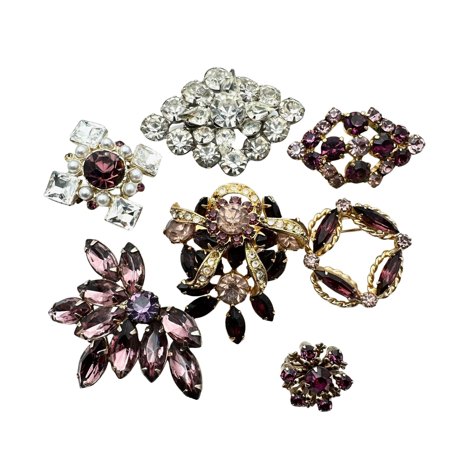 Vintage Jewelry Group Lot Brooches Pins Purple Clear Glass Rhinestones and More (1 of 2)