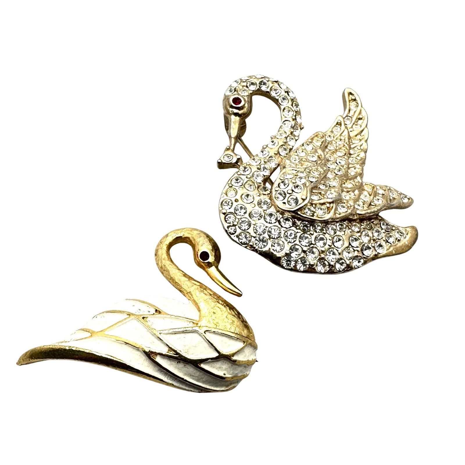 Vintage Jewelry Group Lot of Two Figural Swan Brooches Rhinestone Gold tone (1 of 2)