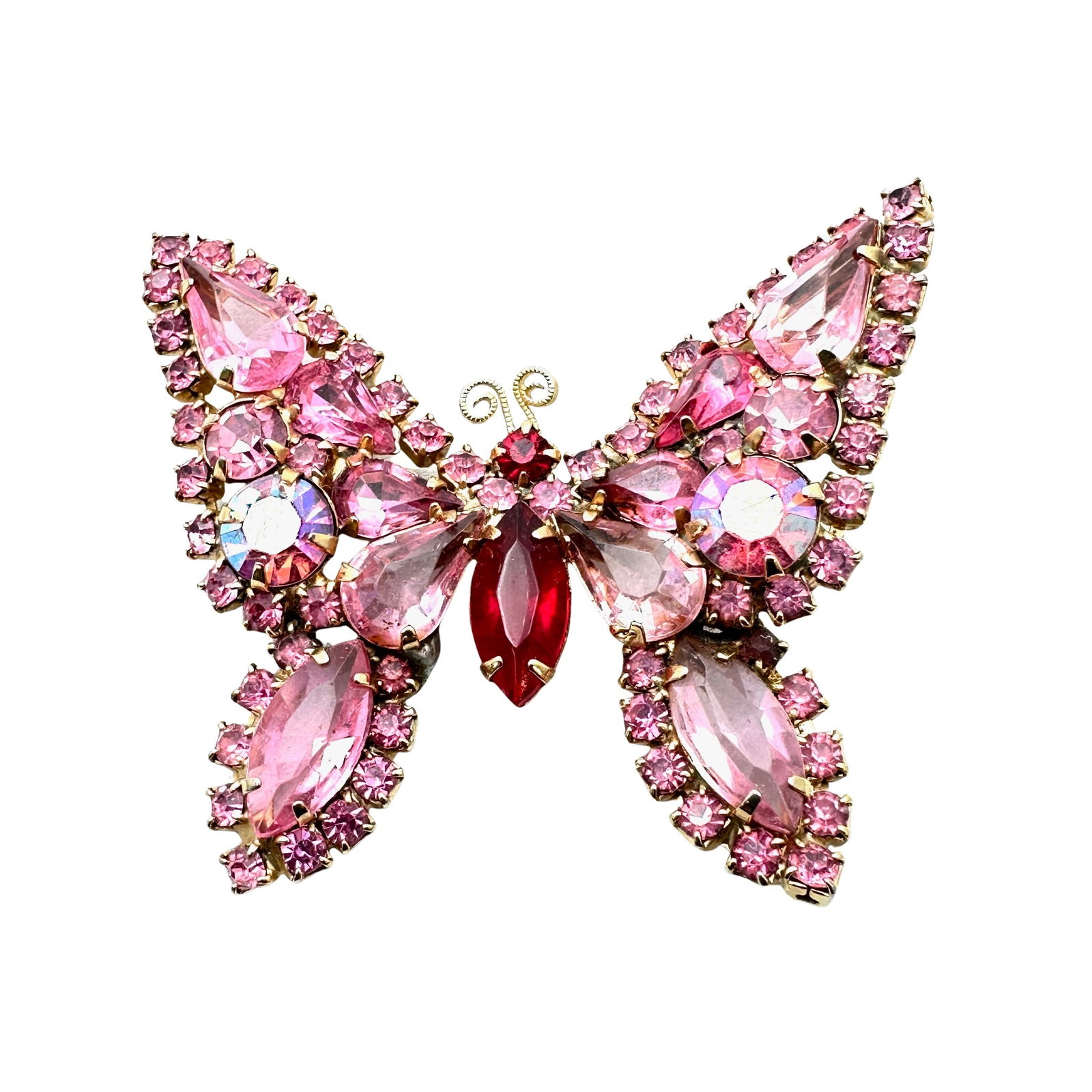 Vintage Weiss Pink Red Glass Rhinestone Gold Tone Butterfly Brooch Pin 2.5 Inch (1 of 2)