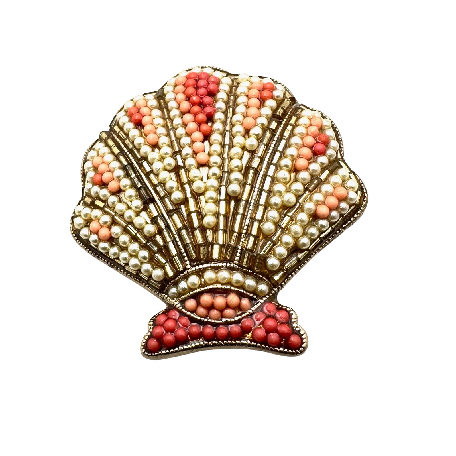 Vintage Beaded Sea Shell Gold Tone Brooch Pin 2.5 Inch Peach Pink Beads: Vintage Beaded Sea Shell Gold Tone Brooch Pin 2.5 Inch Peach Pink Beads