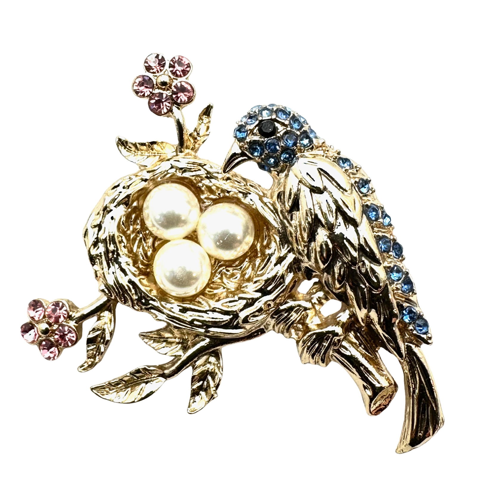 Vintage Anne Klein Pink Blue Rhinestone Faux Pearl Gold Tone Bird Nest Brooch pin 2.5 Inch: Vintage Anne Klein Pink Blue Rhinestone Faux Pearl Gold Tone Bird Nest Brooch pin 2.5 Inch