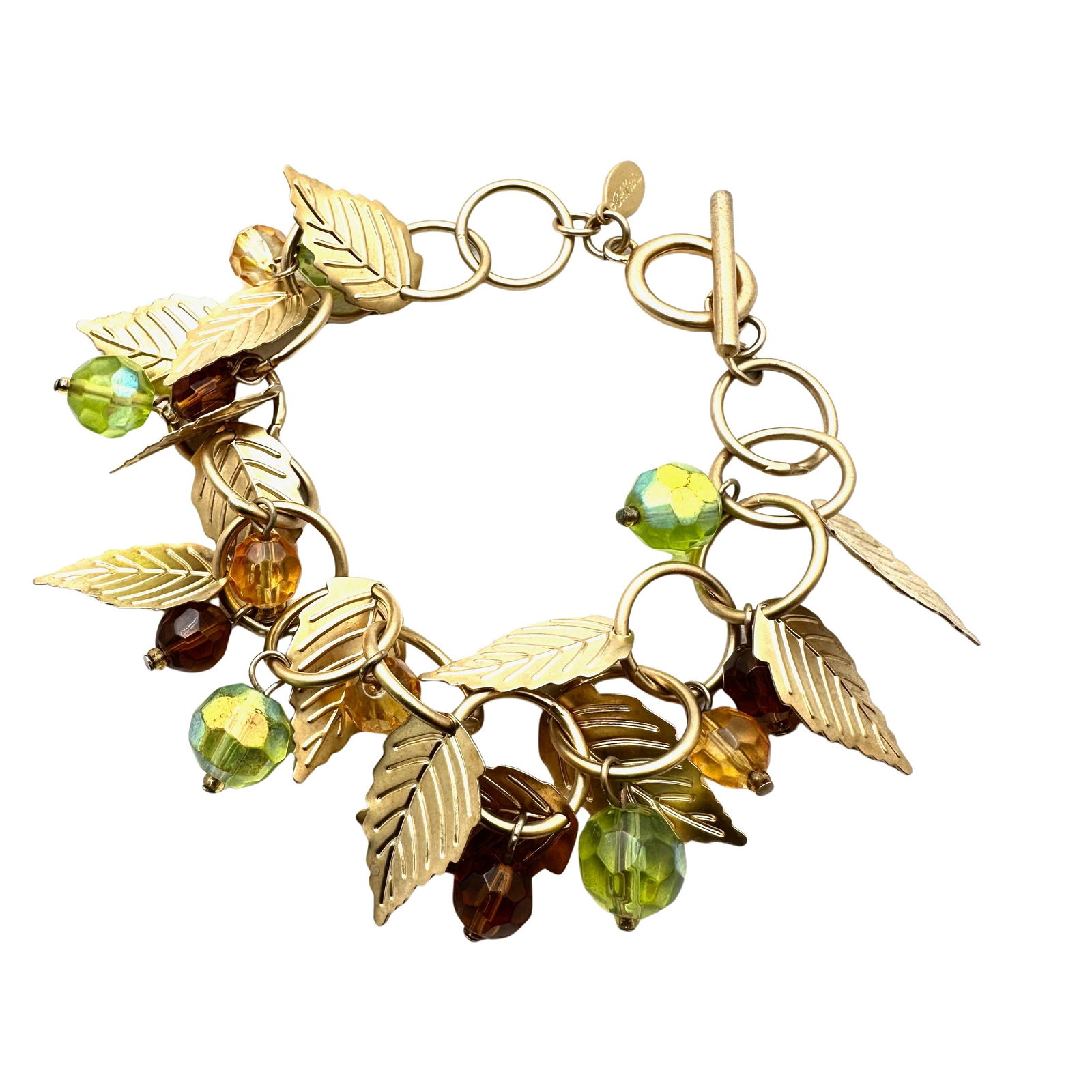 Vintage Bob Mackie Matte Gold Tone Leaf Design Green Amber Crystal Bead Charm Bracelet 8 Inch: Vintage Bob Mackie Matte Gold Tone Leaf Design Green Amber Crystal Bead Charm Bracelet 8 Inch