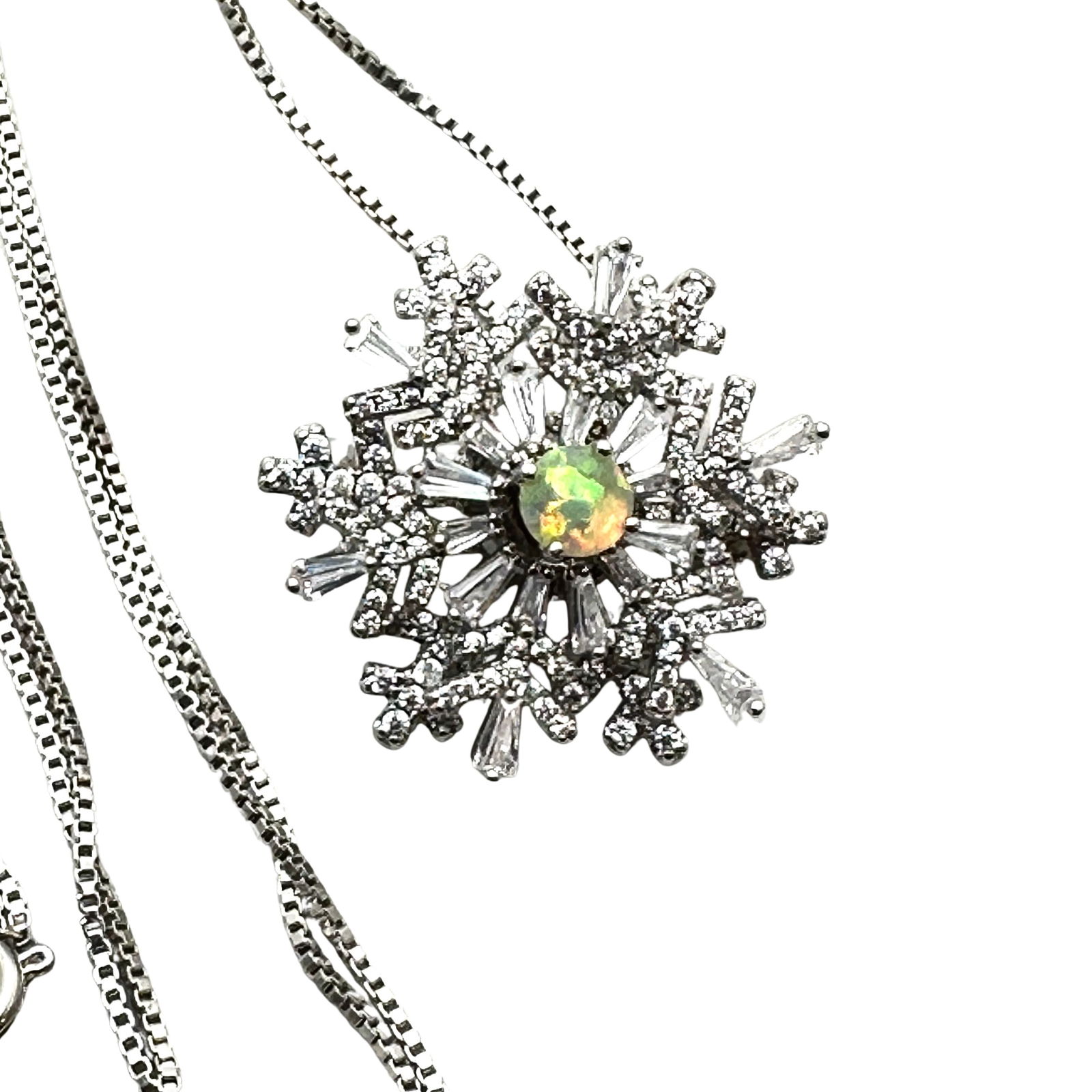 Vintage Clear Crystal Snowflake Spinner Pendant Silver Necklace 24 Inch Box Chain Original Tag (1 of 3)