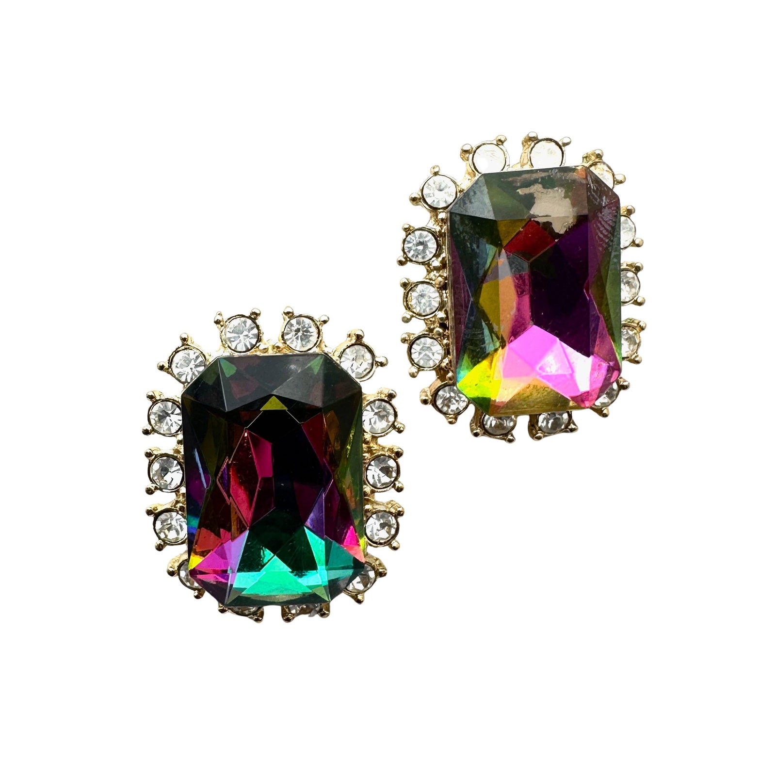 Vintage Rainbow Glass Rhinestone Gold Tone Pierced Earrings 1.5 Inch: Vintage Rainbow Glass Rhinestone Gold Tone Pierced Earrings 1.5 Inch