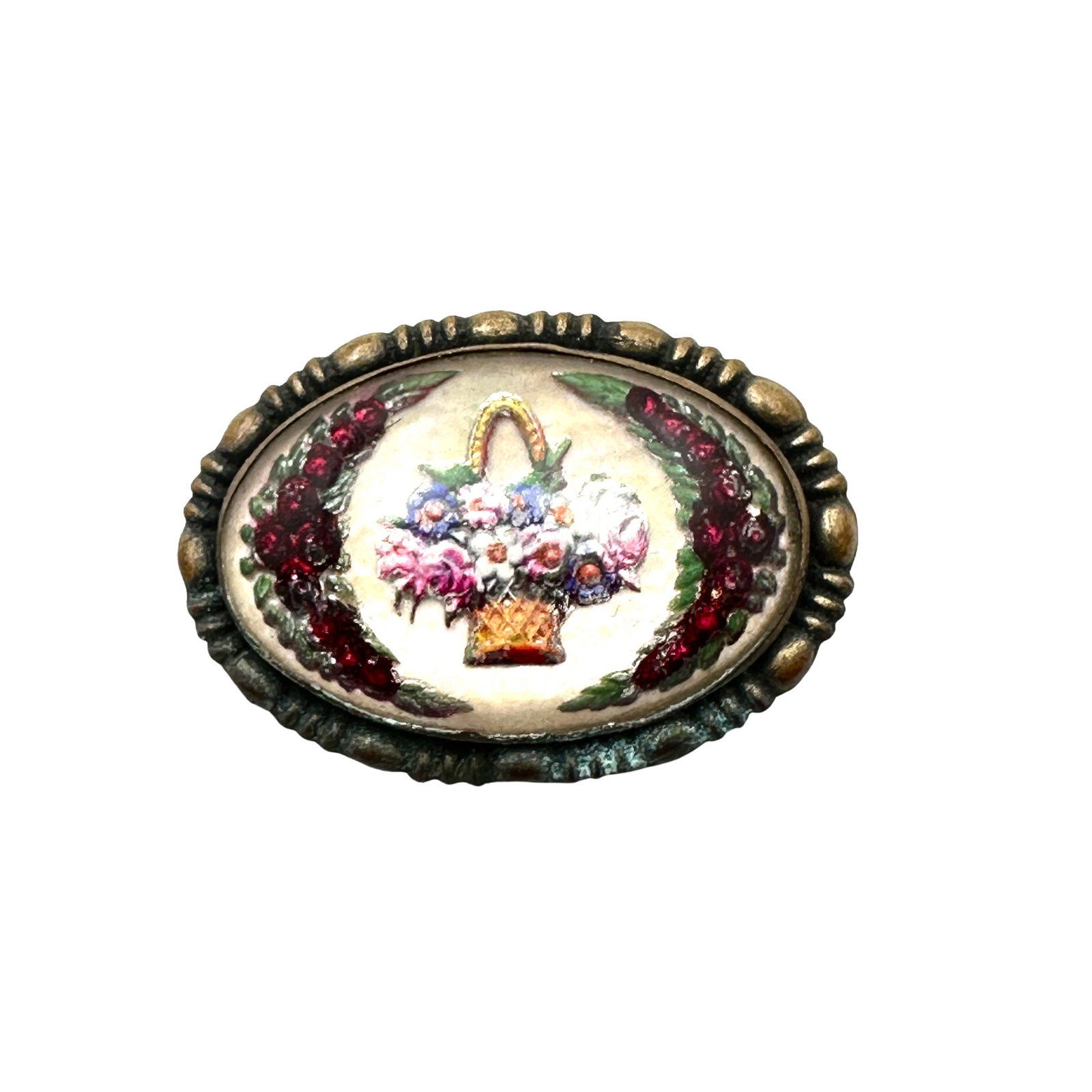 Vintage Antique Goofus Glass Flower Basket Gold Tone Brooch Pin 1.75 Inch: Vintage Antique Goofus Glass Flower Basket Gold Tone Brooch Pin 1.75 Inch