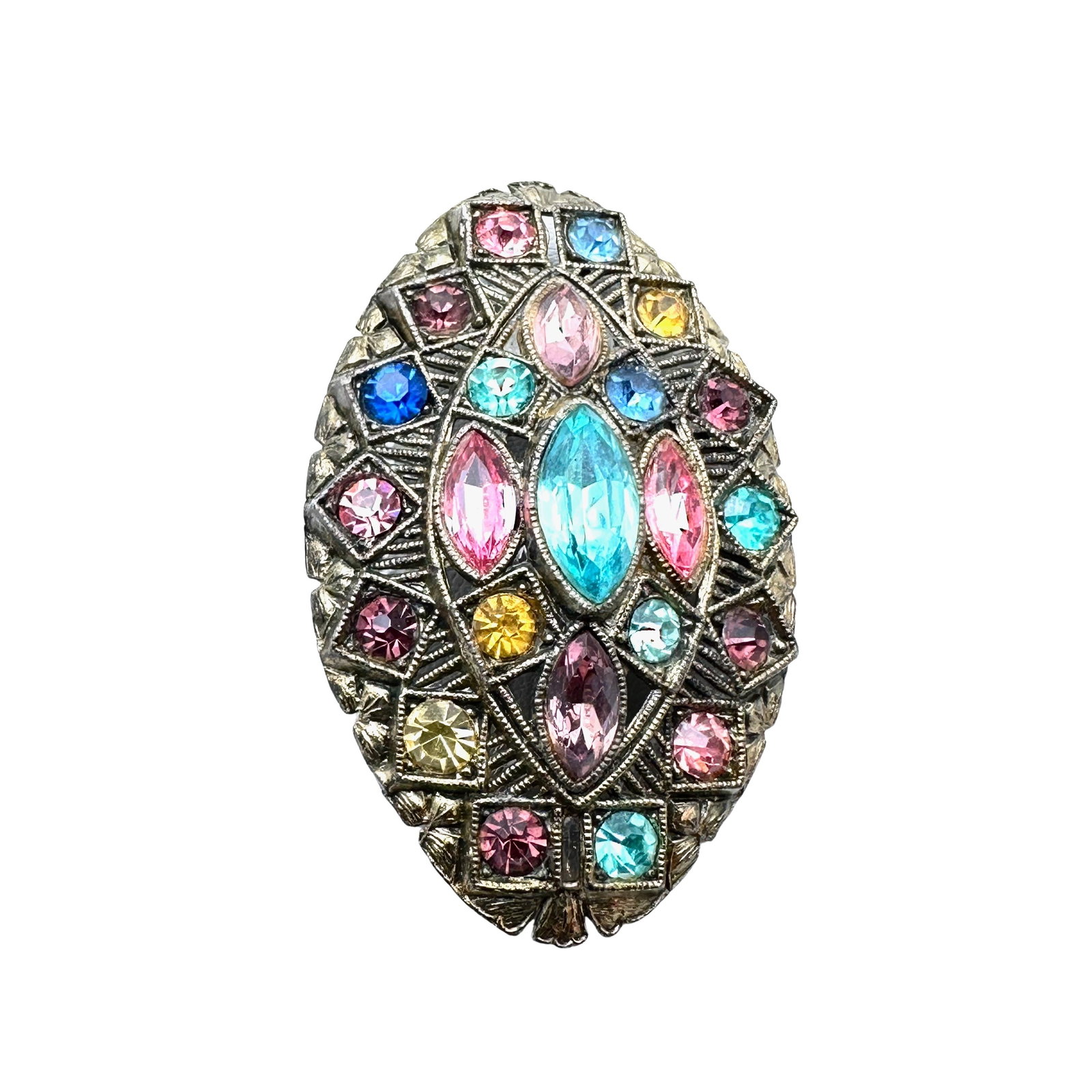 Vintage 1940s Era Gold Over Pot Metal Multicolor Glass Rhinestone Brooch Pin 2.5 Inch: Vintage 1940s Era Gold Over Pot Metal Multicolor Glass Rhinestone Brooch Pin 2.5 Inch