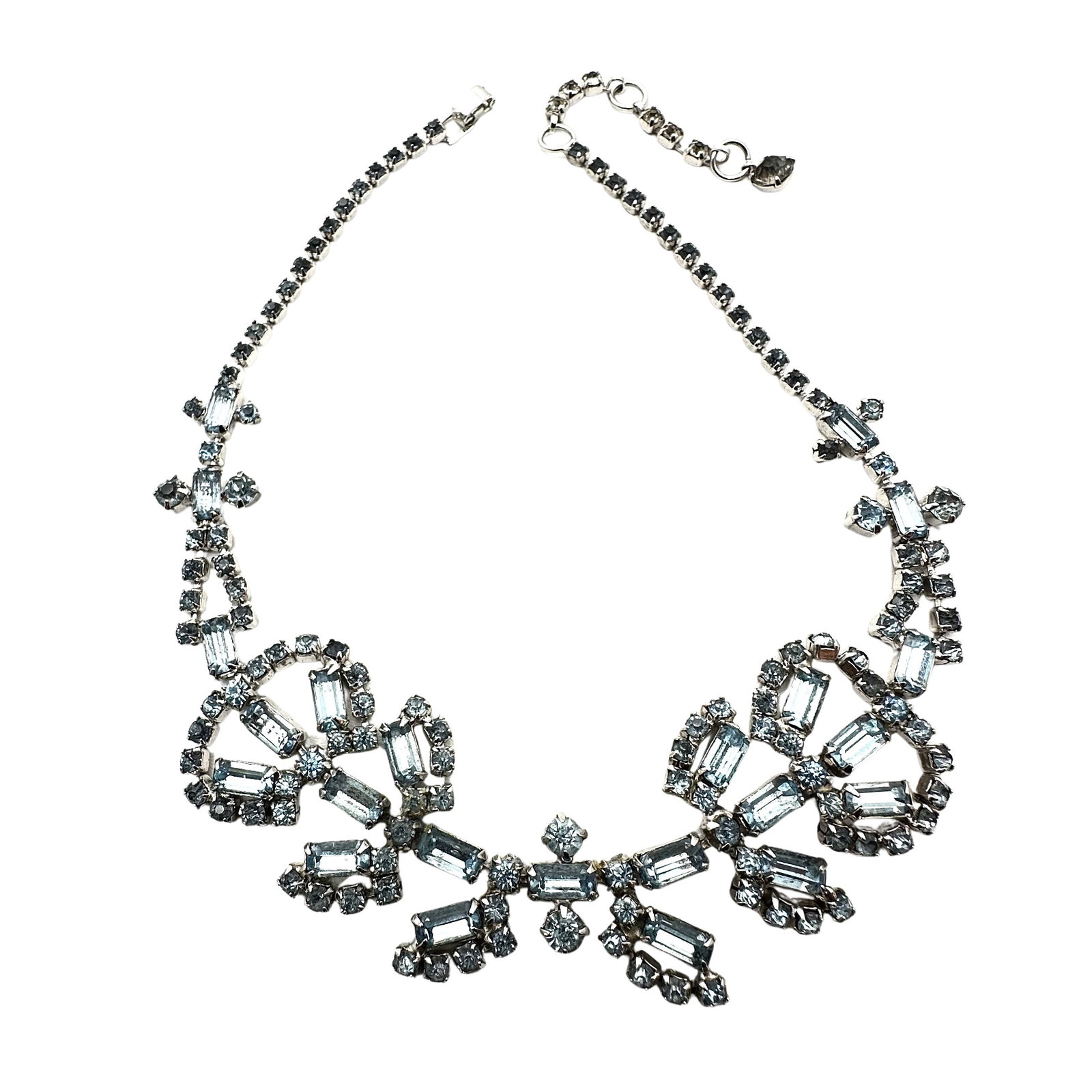 Vintage Continental Blue Glass Rhinestone Silver Tone Necklace 15 Inch: Vintage Continental Blue Glass Rhinestone Silver Tone Necklace 15 Inch