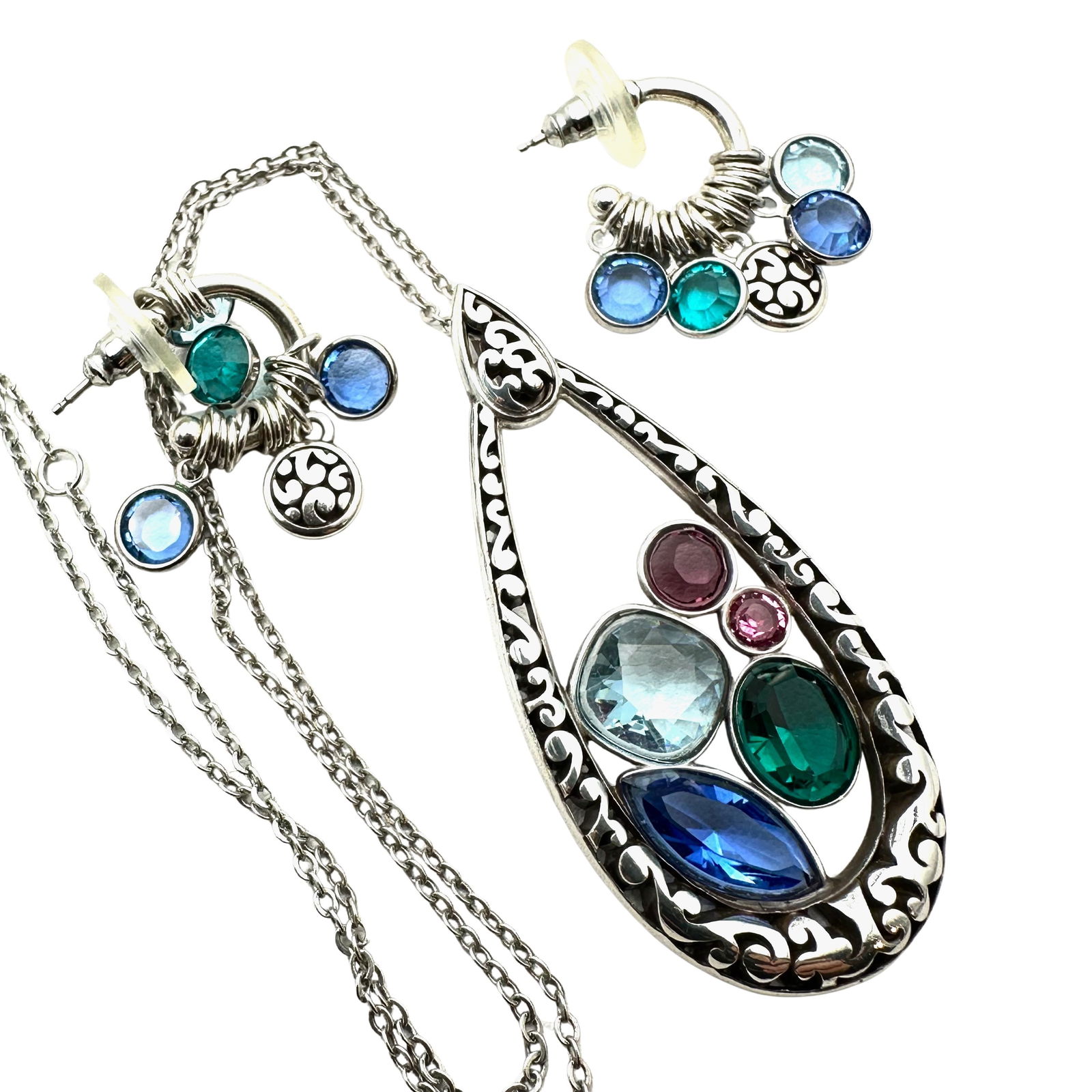 Brighton Multicolor Crystal Silver Plated Pendant 18 Inch Necklace 1 Inch Pierced Earrings: Brighton Multicolor Crystal Silver Plated Pendant 18 Inch Necklace 1 Inch Pierced Earrings