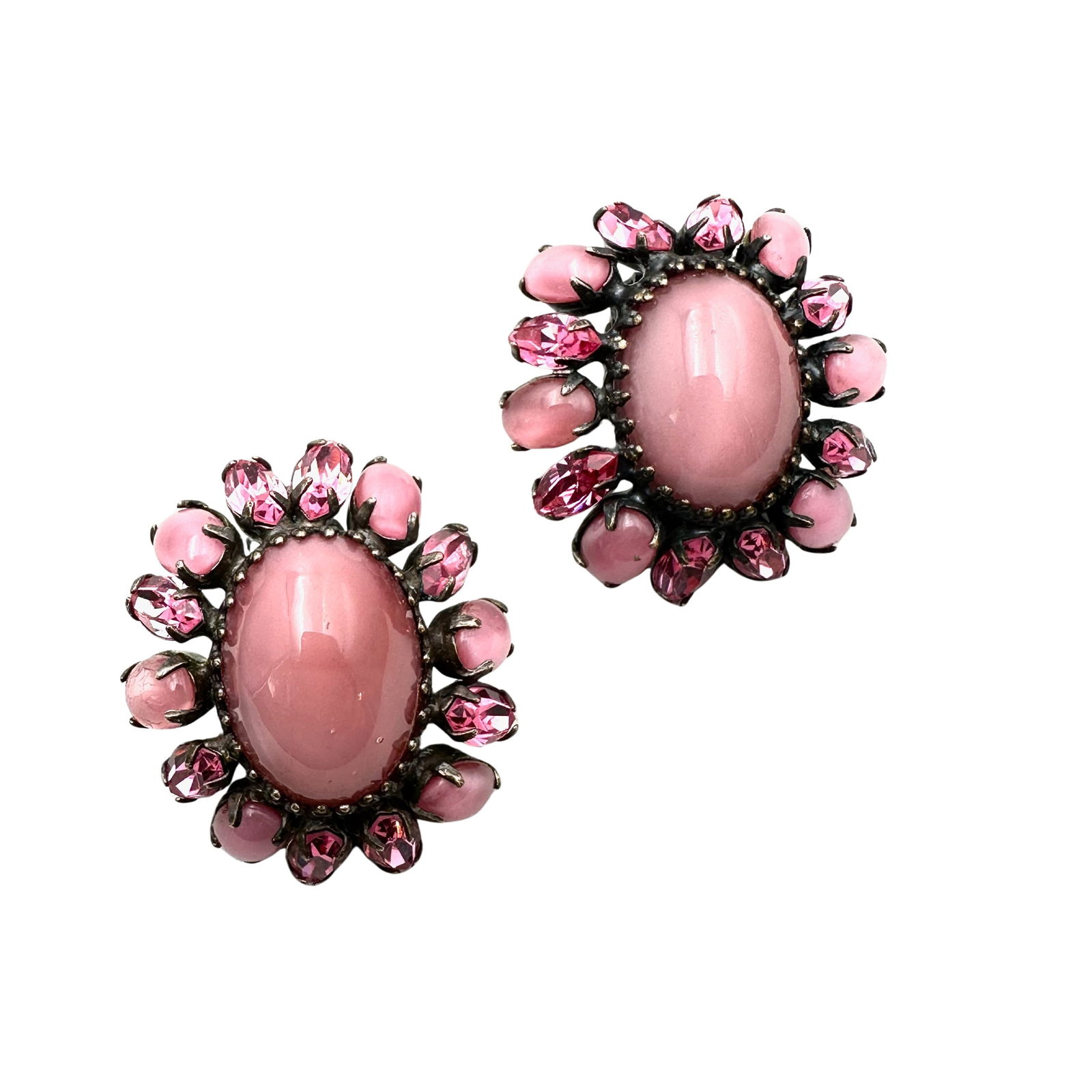 Vintage Unsigned Pink Glass Rhinestone Silver Tone Clip Earrings 1.25 Inch (1 of 2)