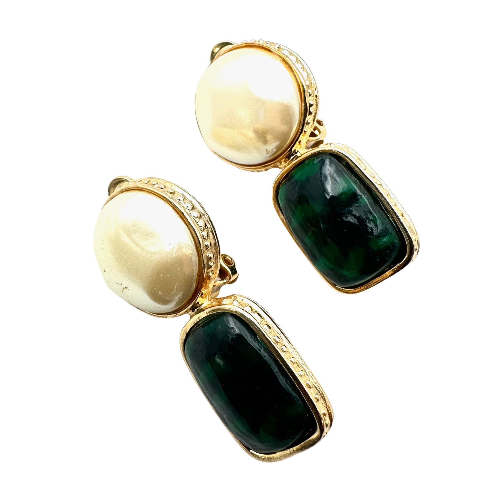 Vintage VC Les Bernard Pearl Gripoix Glass Gold Tone Clip Earrings 1 3/4 Inch: Vintage VC Les Bernard Pearl Gripoix Glass Gold Tone Clip Earrings 1 3/4 Inch