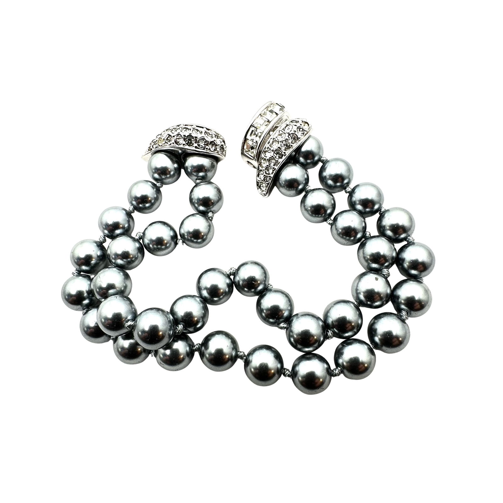 Vintage Nolan Miller Clear Rhinestone Black Faux Pearl Double Strand Silver Tone Bracelet 7 Inch (1 of 2)