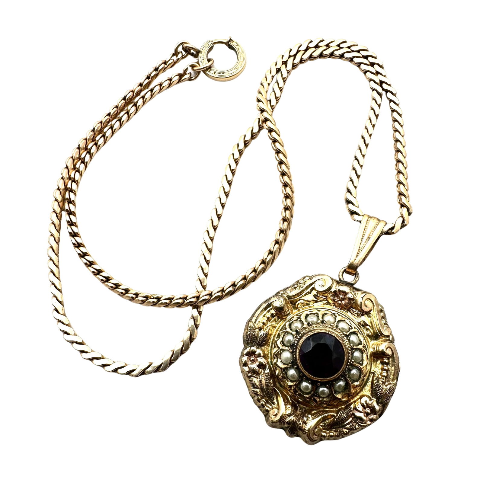 Antique Vintage Gold Filled Purple Glass Stone Seed Pearl Locket Pendant Necklace 16 Inch Chain (1 of 2)