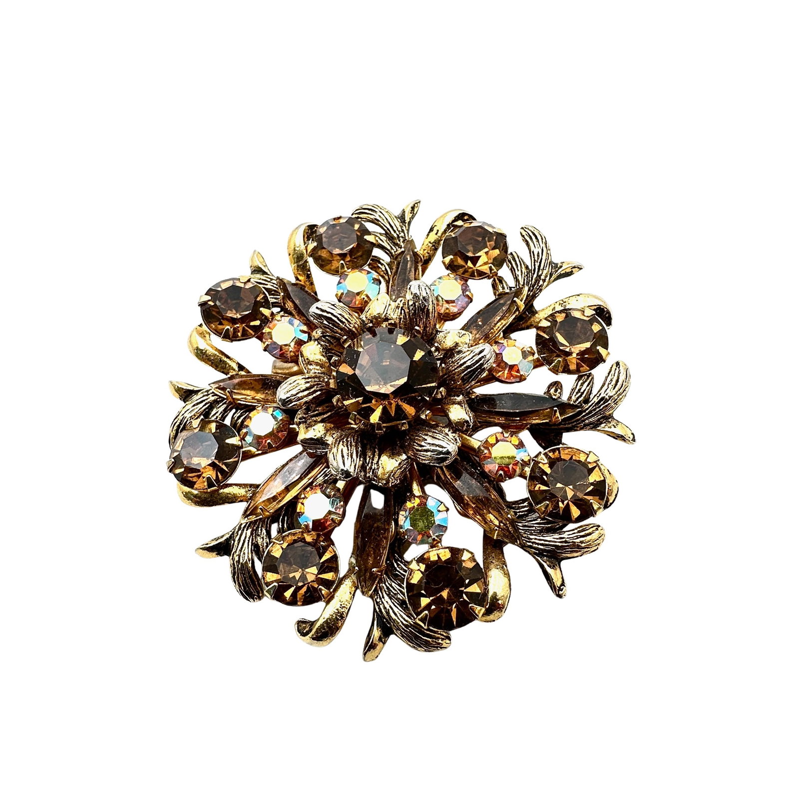 Vintage Amber Glass Rhinestone Gold Tone Flower Brooch Pin 2.5 Inch: Vintage Amber Glass Rhinestone Gold Tone Flower Brooch Pin 2.5 Inch