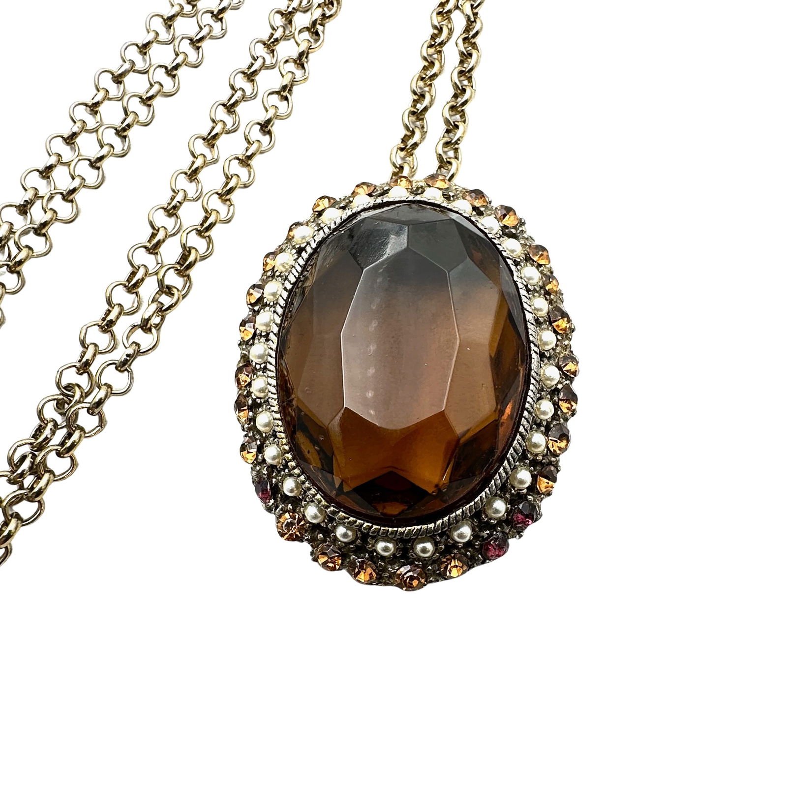 Vintage Large Amber Colored Glass Rhinestone Gold Tone Pendant Necklace 24 Inch Chain (1 of 2)