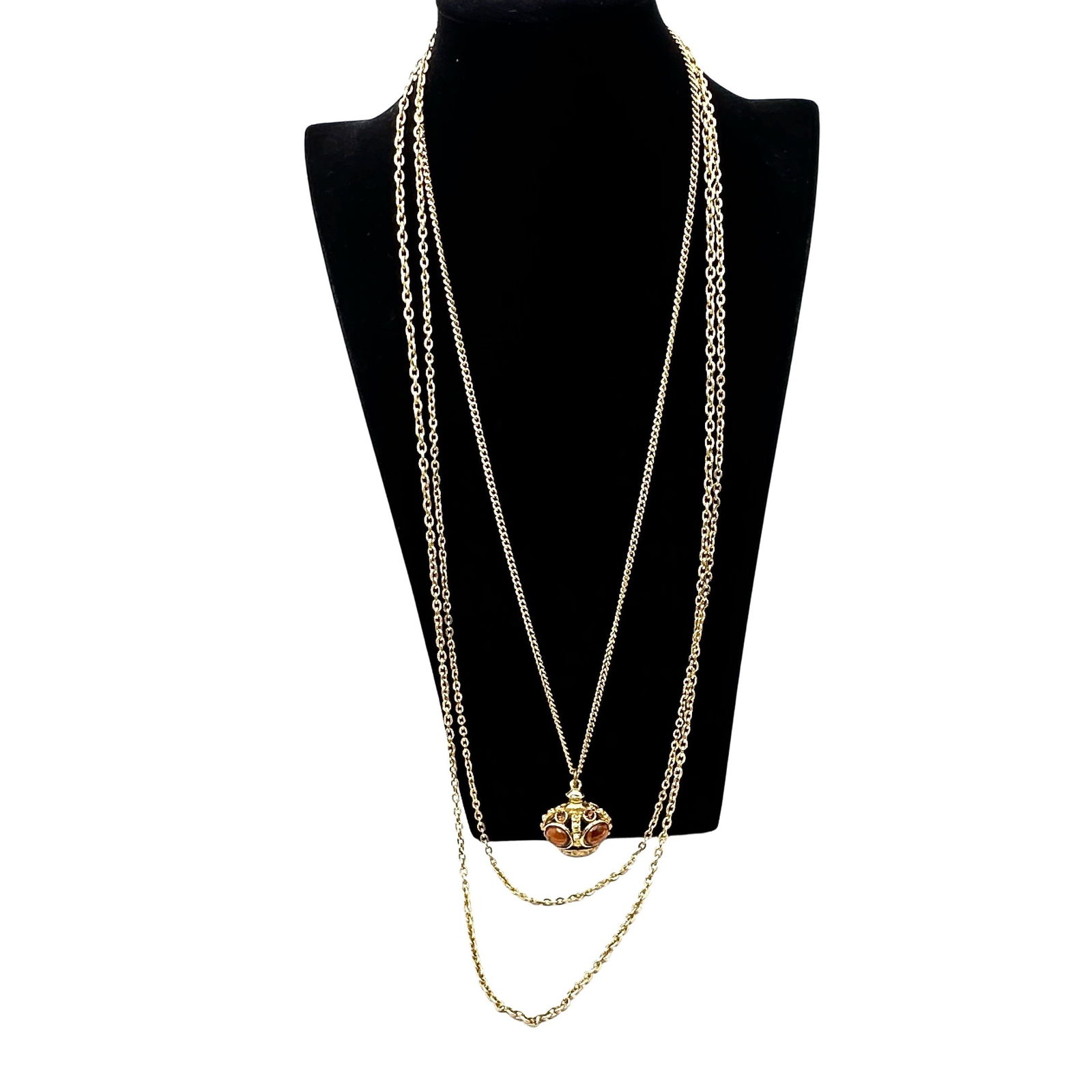 Vintage Unsigned Goldette Amber Cabochon Crown Fob Pendant Gold Tone Necklace 24 Inch Length: Vintage Unsigned Goldette Amber Cabochon Crown Fob Pendant Gold Tone Necklace 24 Inch Length