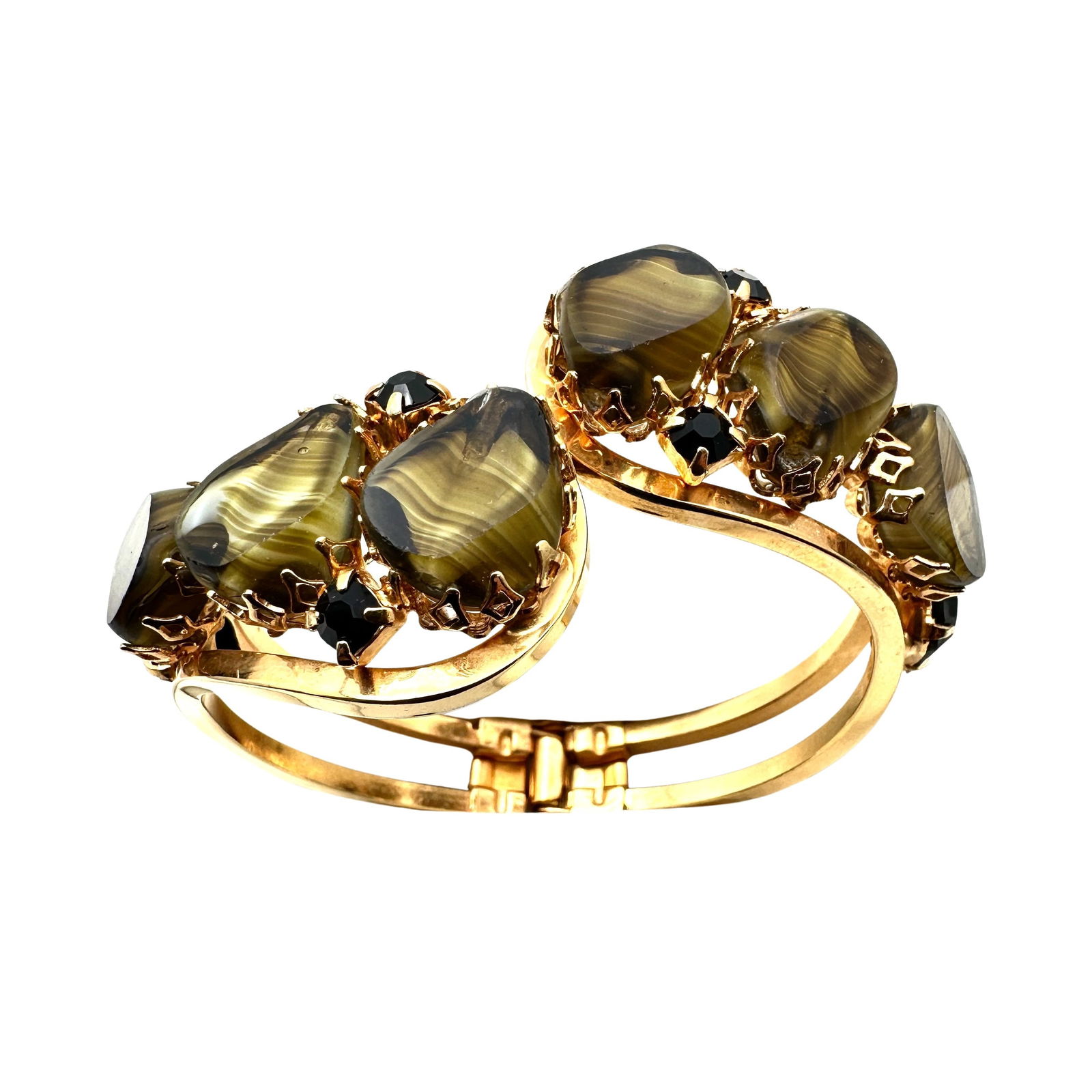 Vintage Unsigned Schreiner Olive Green Striped Glass Rhinestone Gold Tone Clamper Bracelet (1 of 2)