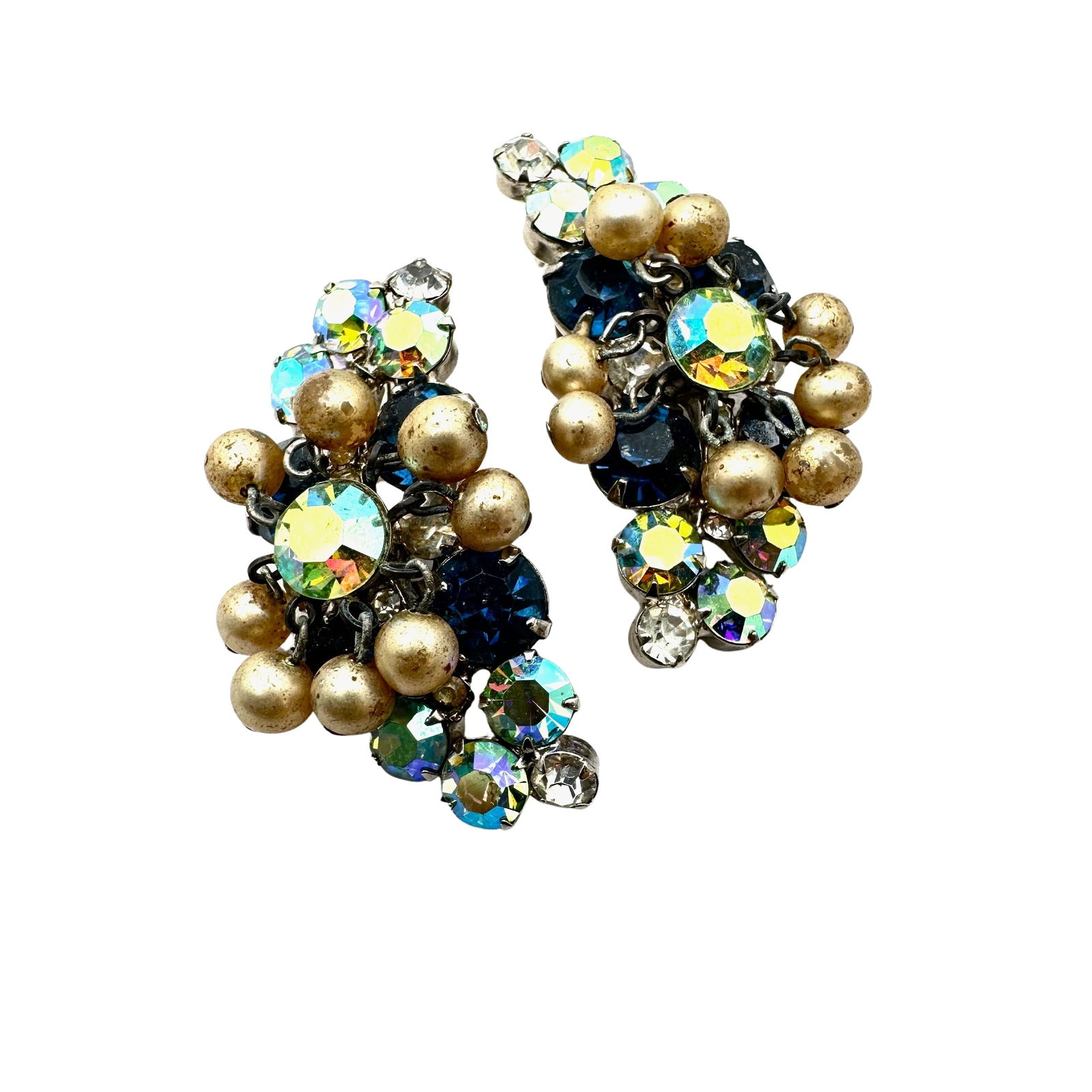 Vintage Juliana Blue Aurora Borealis Pearl Dangle Silver Tone Earrings 2 Inch Some Wear To Faux (1 of 2)