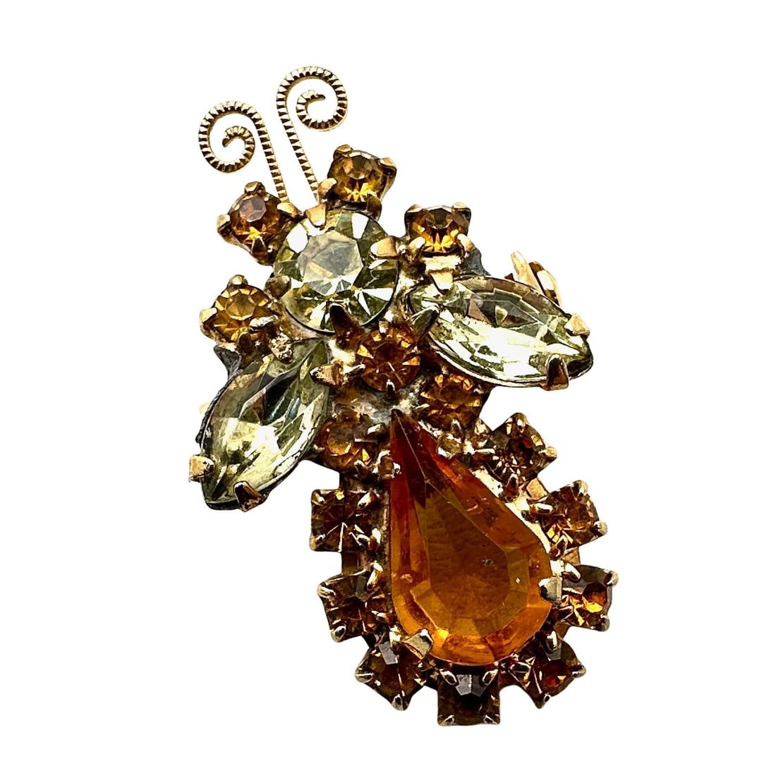 Vintage Juliana Yellow Amber Colored Glass Rhinestone Gold Tone Bug Brooch Pin: Vintage Juliana Yellow Amber Colored Glass Rhinestone Gold Tone Bug Brooch Pin