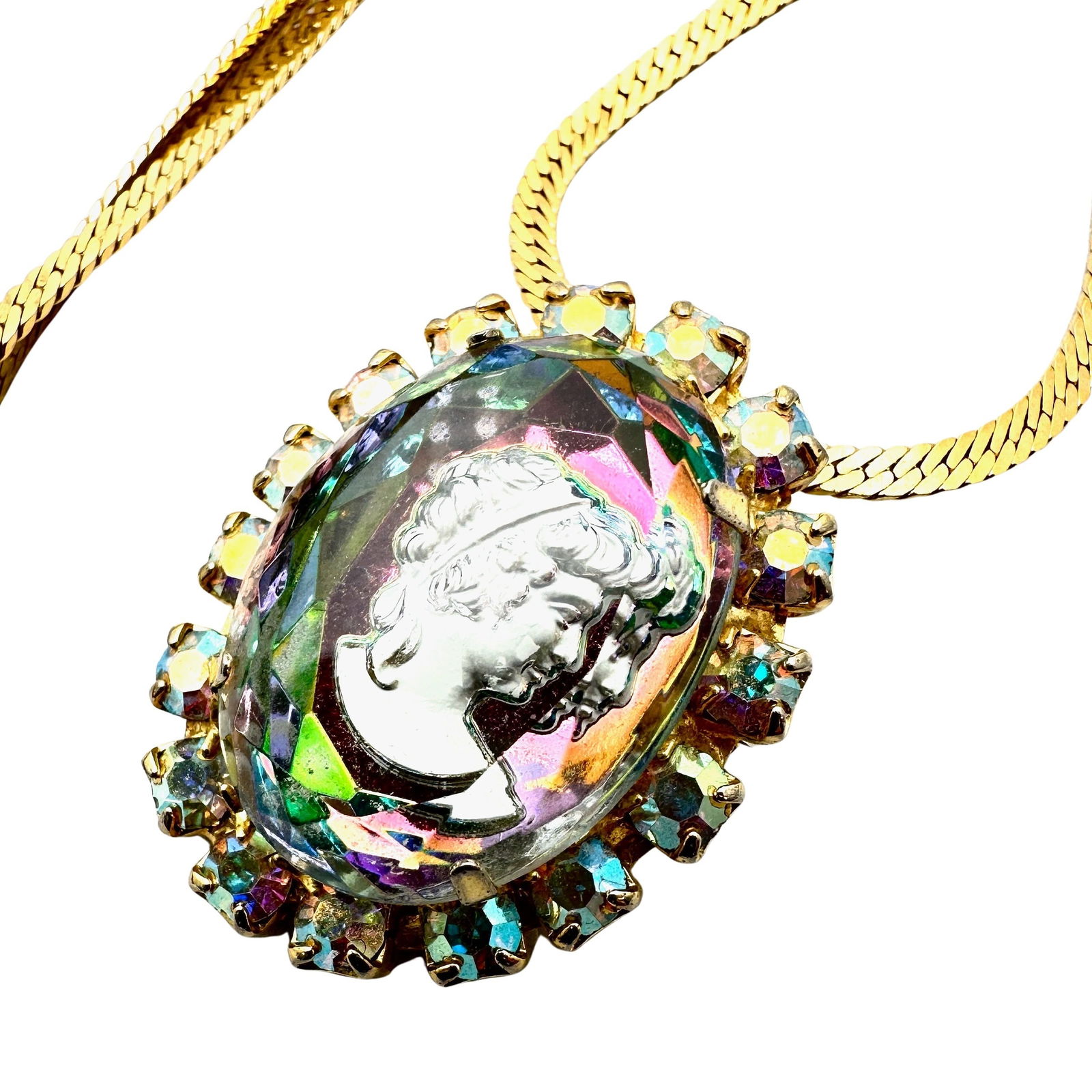 Vintage Intaglio Glass Portrait Rhinestone Pendant Gold Tone Necklace 24 Inch Chain: Vintage Intaglio Glass Portrait Rhinestone Pendant Gold Tone Necklace 24 Inch Chain