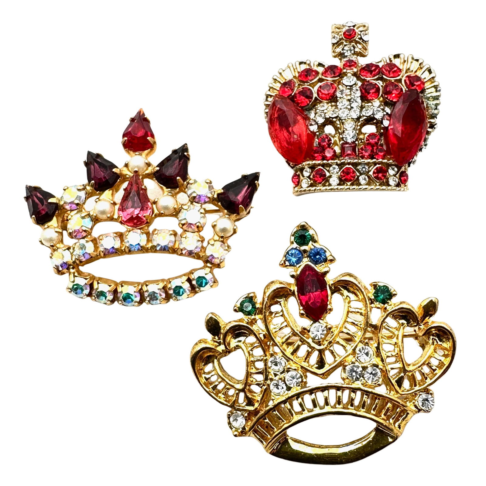 Vintage Jewelry Group Lot of Three Crown Brooches Pins Multicolor Rhinestones (1 of 2)