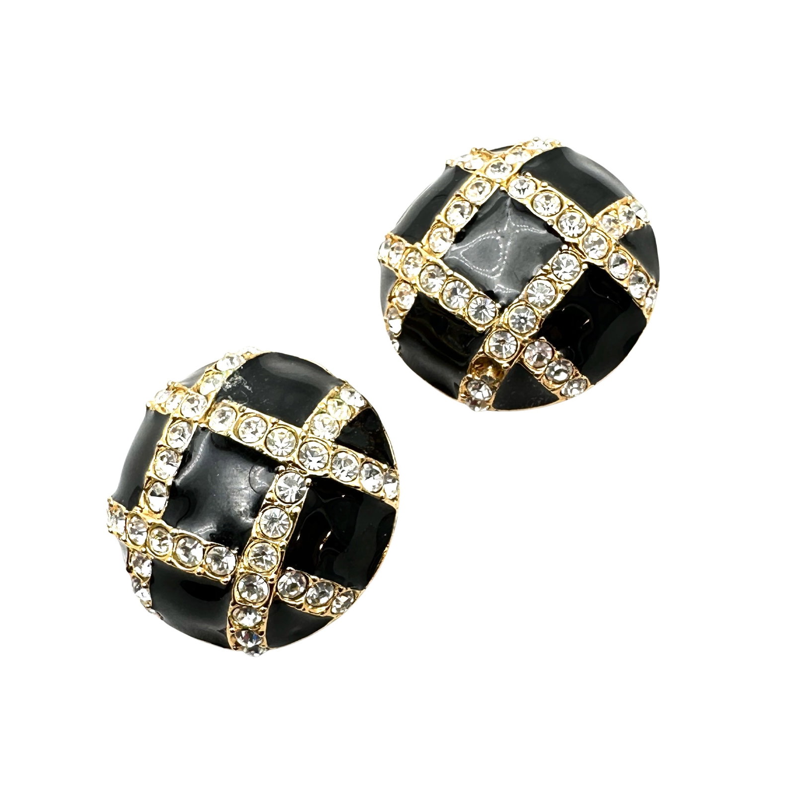 Vintage Joan Rivers Black Enamel Clear Rhinestone Gold Tone Clip Earrings: Vintage Joan Rivers Black Enamel Clear Rhinestone Gold Tone Clip Earrings
