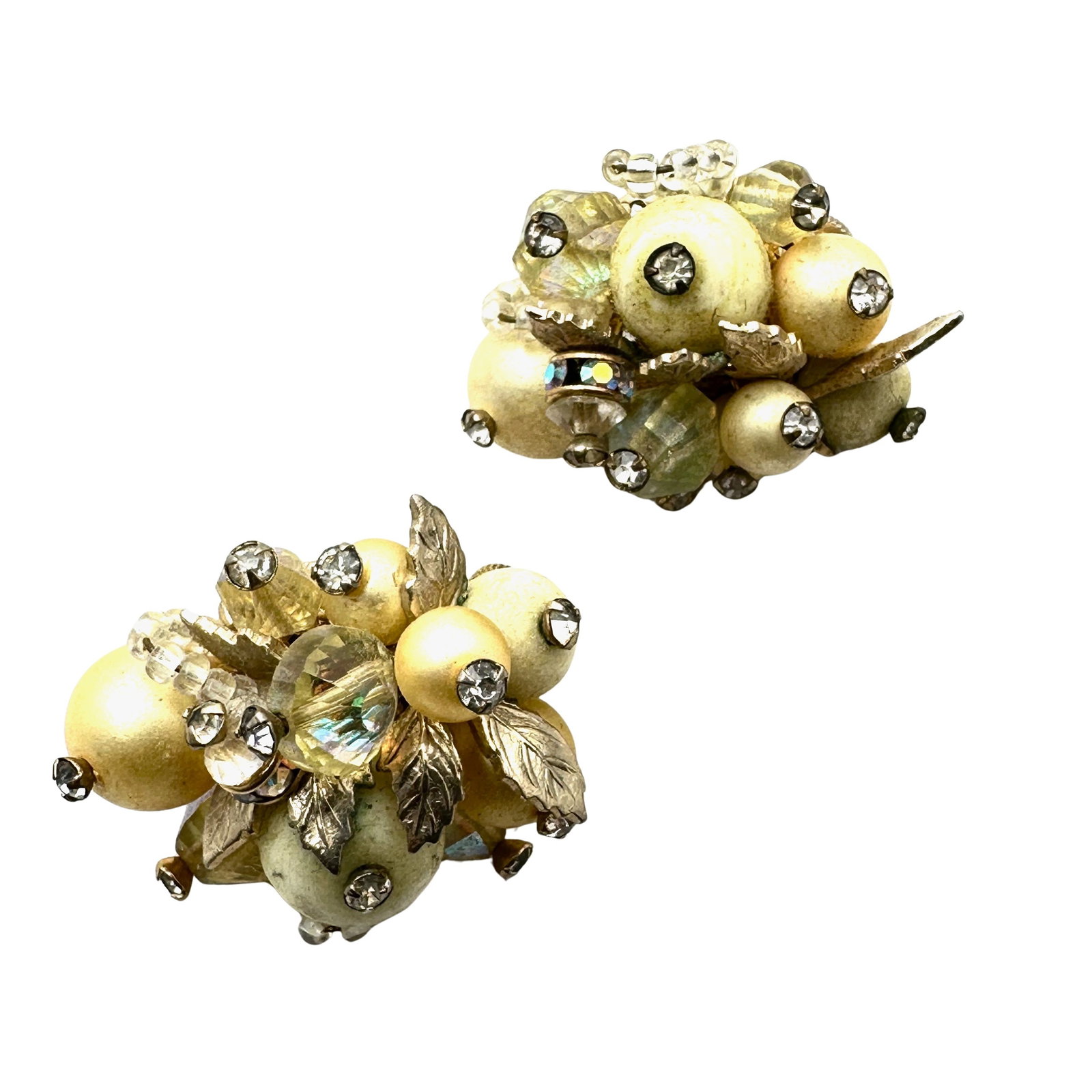 Vintage Vendome Gold Tone Faux Pearl Clear Crystal Gold Tone Clip Earrings: Vintage Vendome Gold Tone Faux Pearl Clear Crystal Gold Tone Clip Earrings