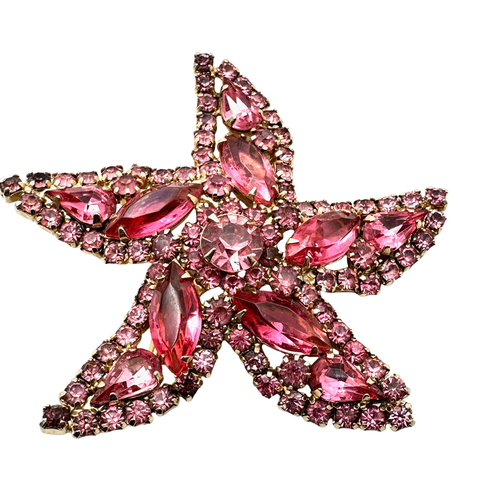 Vintage High End Pink Glass Rhinestone Gold Tone Star Fish Brooch Pin 2.5 Inch (1 of 2)