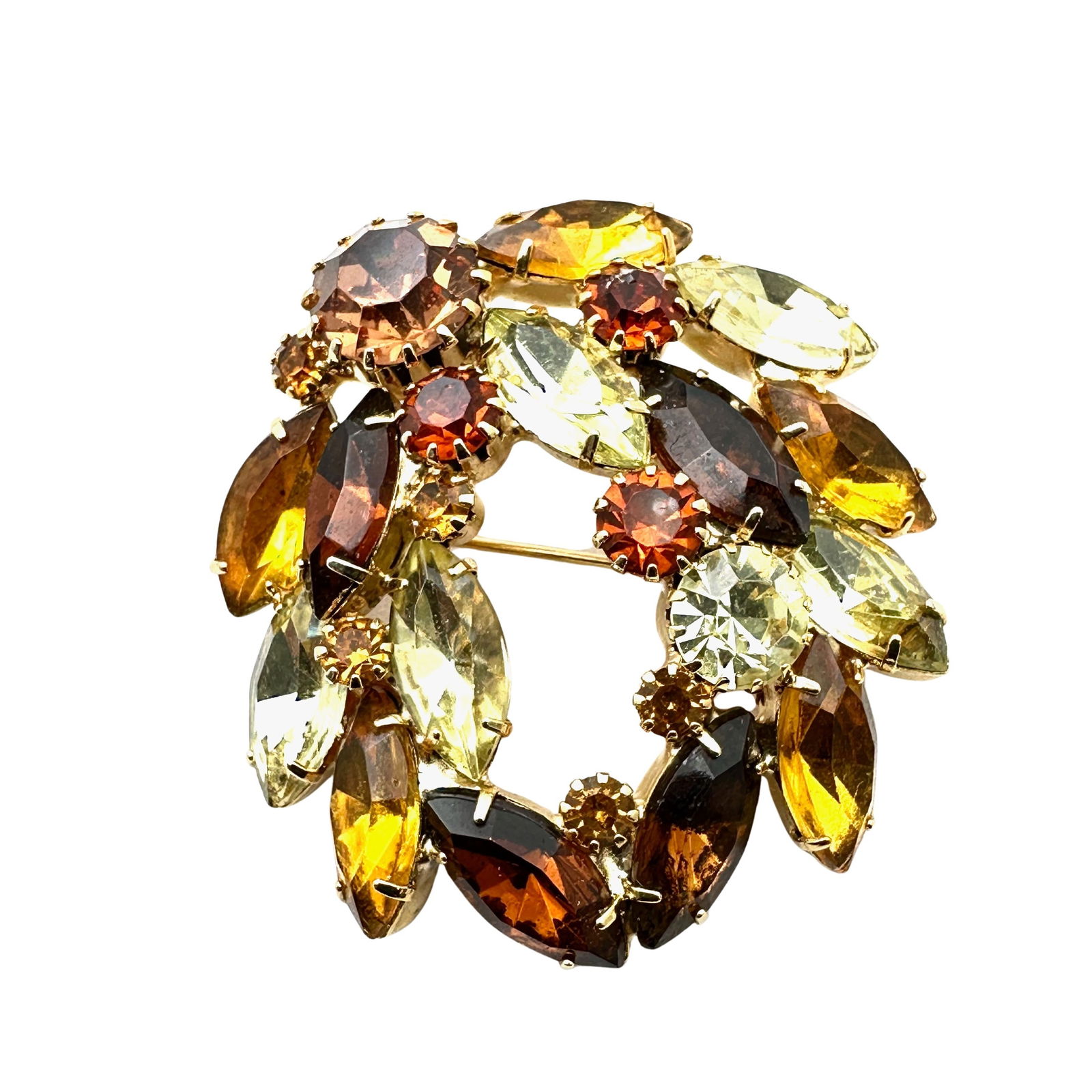 Vintage Juliana Yellow Orange Amber Colored Glass Rhinestone Gold Tone Brooch Pin 2 Inch: Vintage Juliana Yellow Orange Amber Colored Glass Rhinestone Gold Tone Brooch Pin 2 Inch