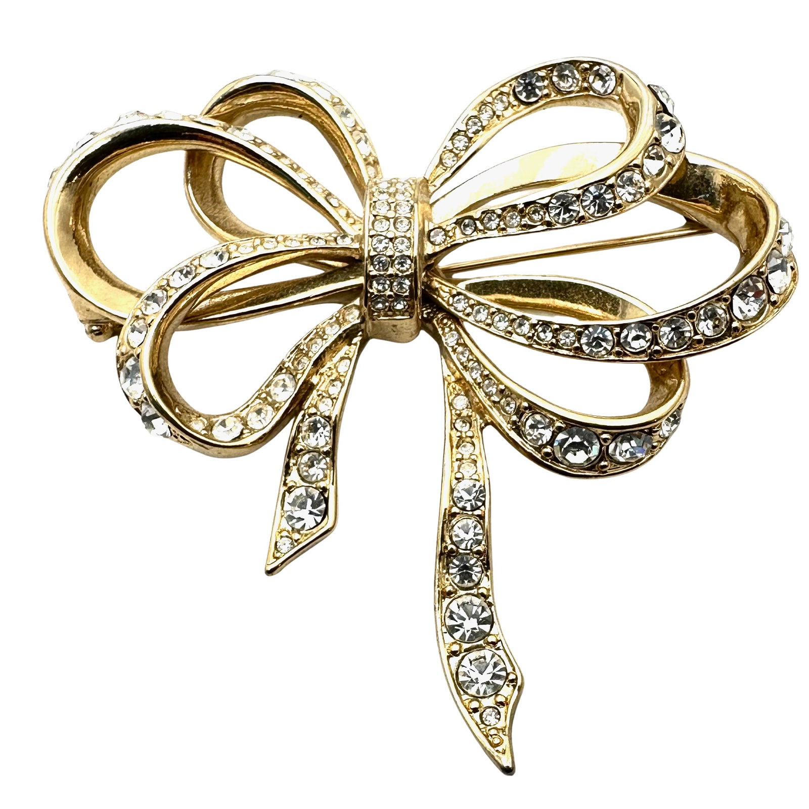 Vintage KJL for Avon Clear Rhinestone Gold Tone Bow Brooch Pin 3 Inch: Vintage KJL for Avon Clear Rhinestone Gold Tone Bow Brooch Pin 3 Inch