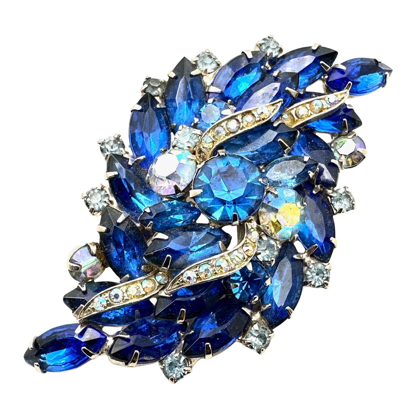 Vintage Unsigned Weiss Blue Glass Rhinestone Silver Tone Brooch Pin 3 Inch (1 of 2)