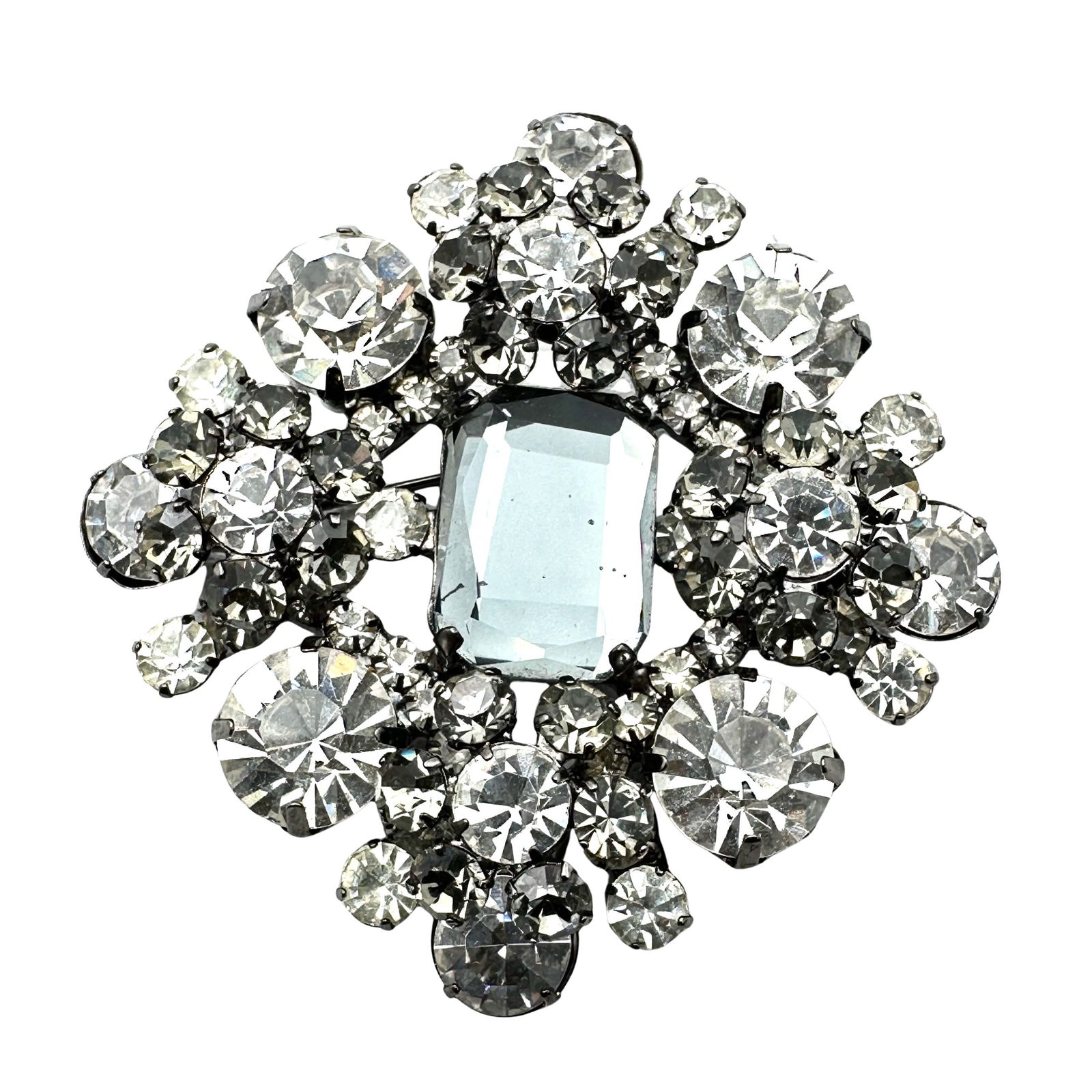 Vintage Juliana Grey Clear Glass Rhinestone Japanned Silver Tone Brooch Pin 2.5 Inch (1 of 2)