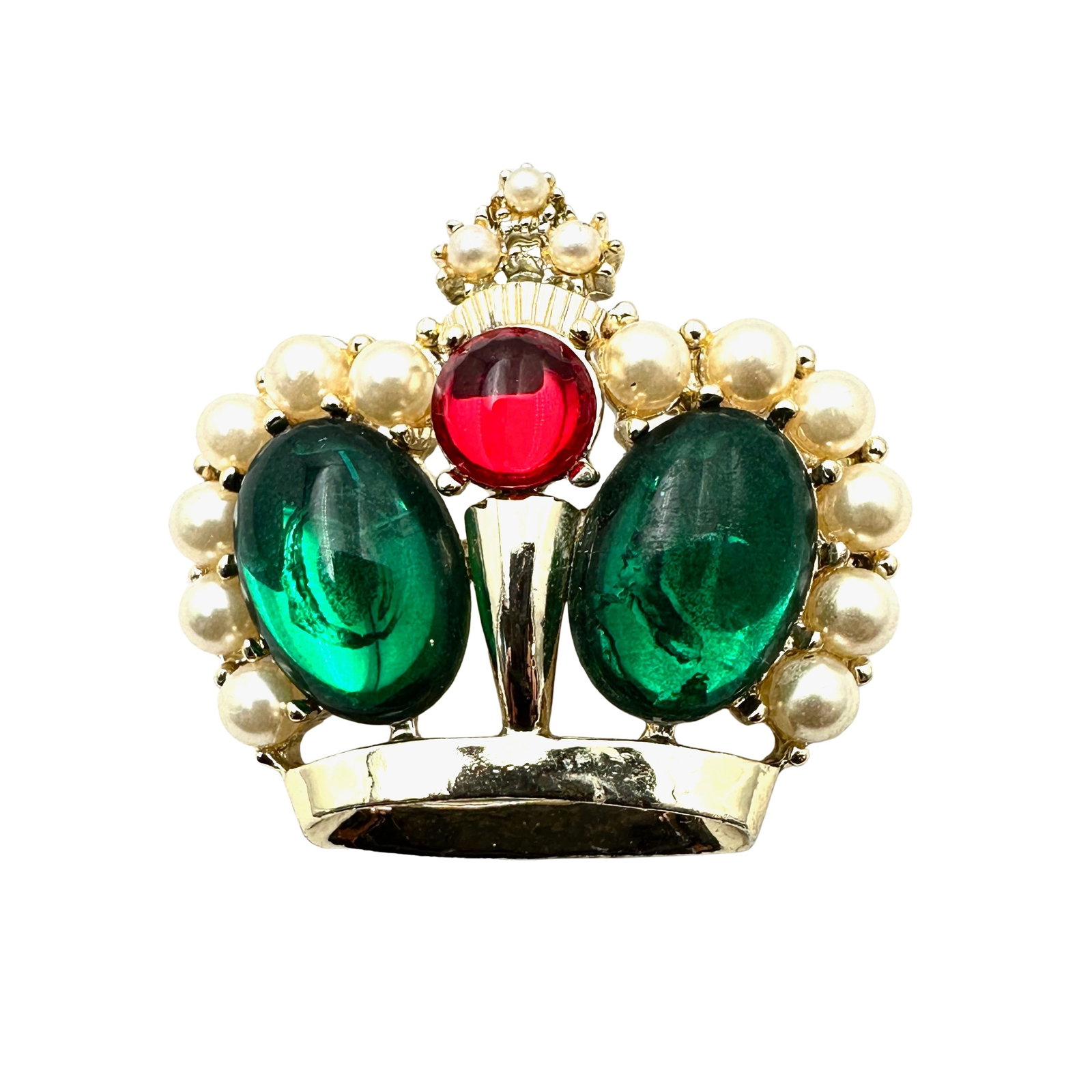 Vintage Red Green Glass Cabochon Faux Pearl Gold Tone Crown Brooch Pin 2 Inch: Vintage Red Green Glass Cabochon Faux Pearl Gold Tone Crown Brooch Pin 2 Inch