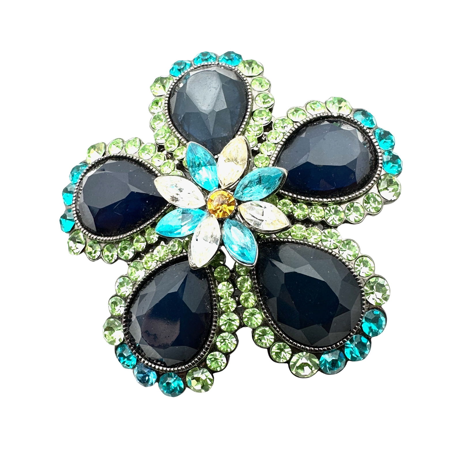 Vintage Blue Green Glass Rhinestone Silver Tone Flower Brooch Pin Pendant 2.5 Inch (1 of 2)